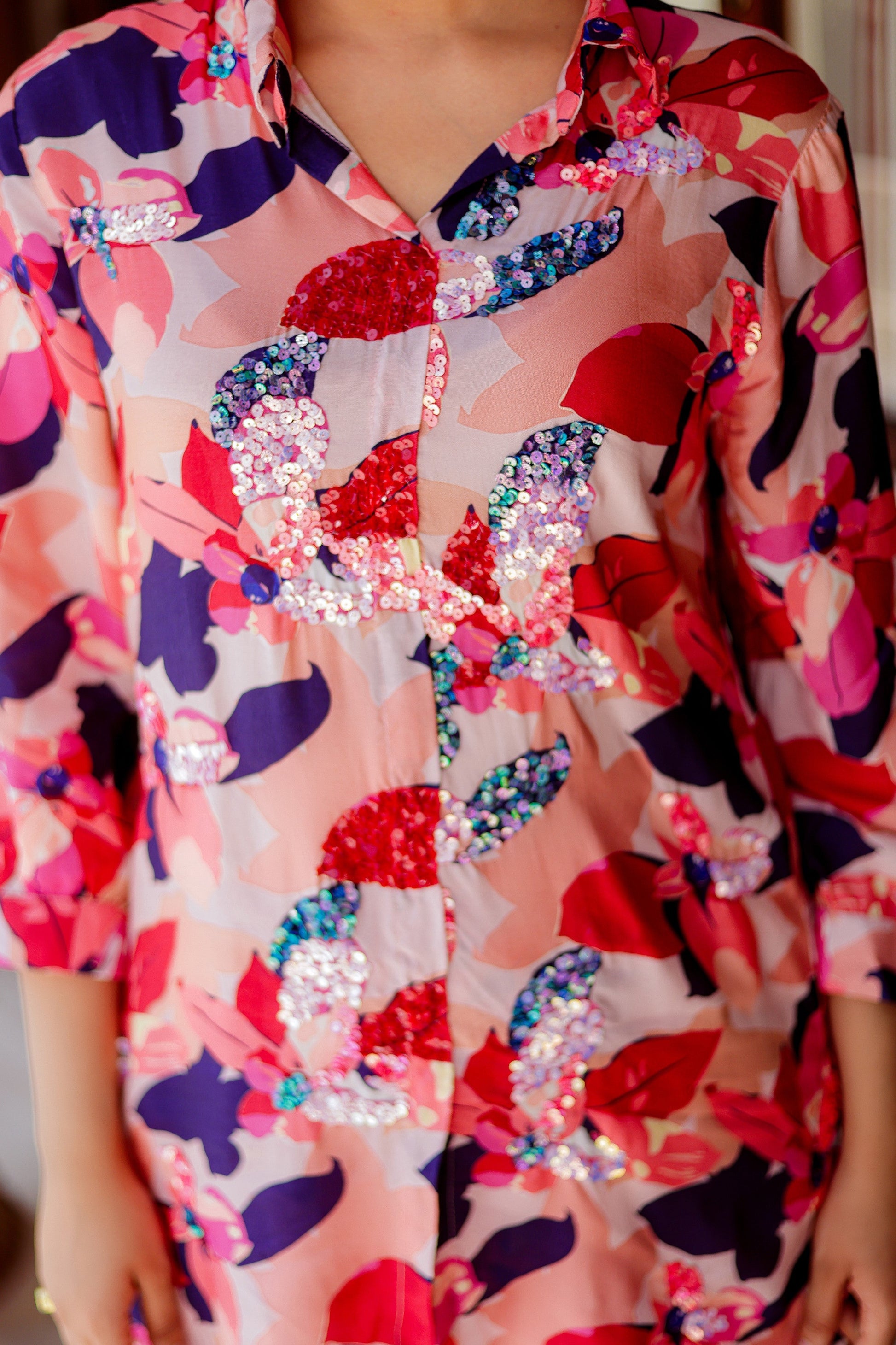 Multi colour co-ord  set with sequence work on front & printed  bottom.