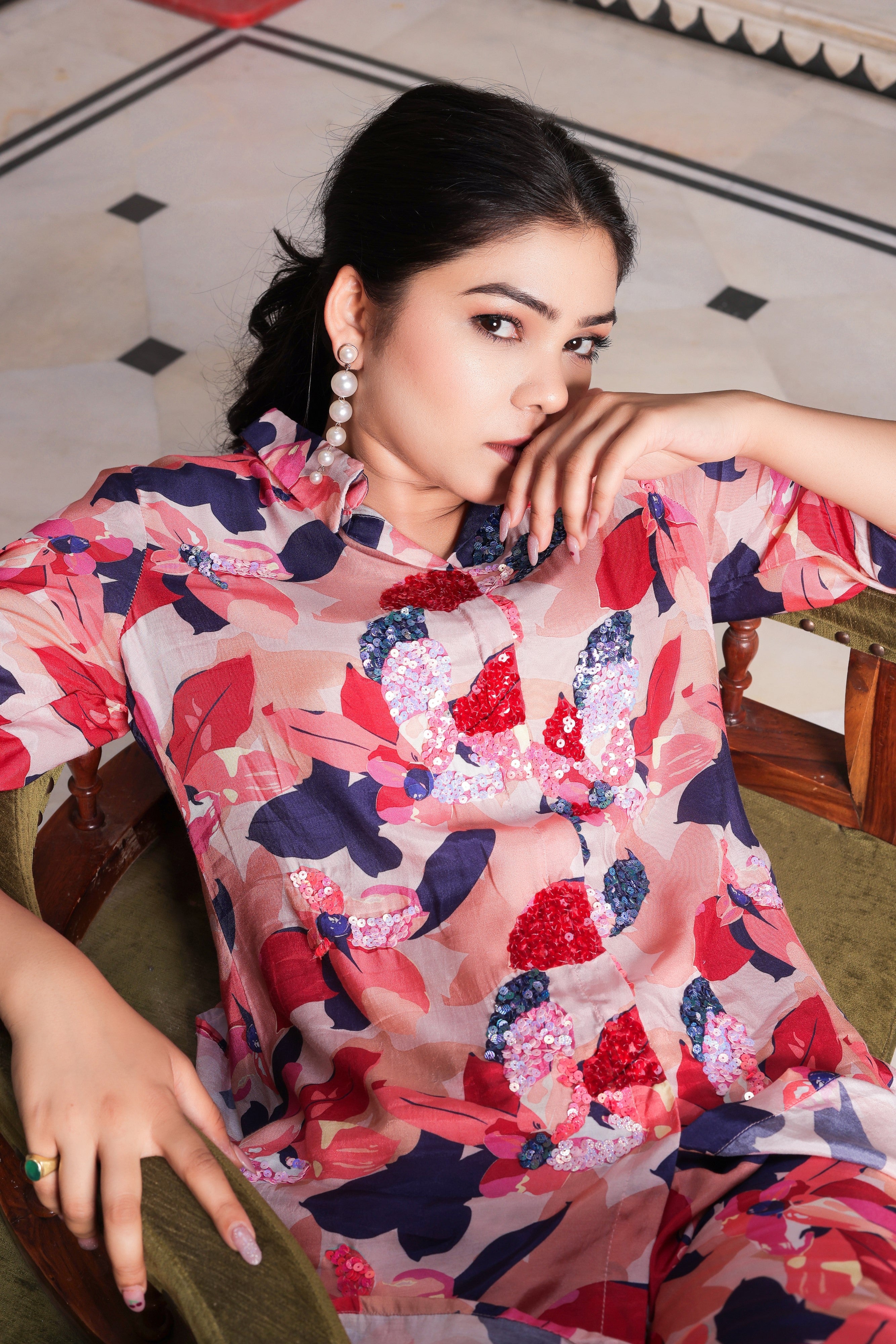 Multi colour co-ord  set with sequence work on front & printed  bottom.