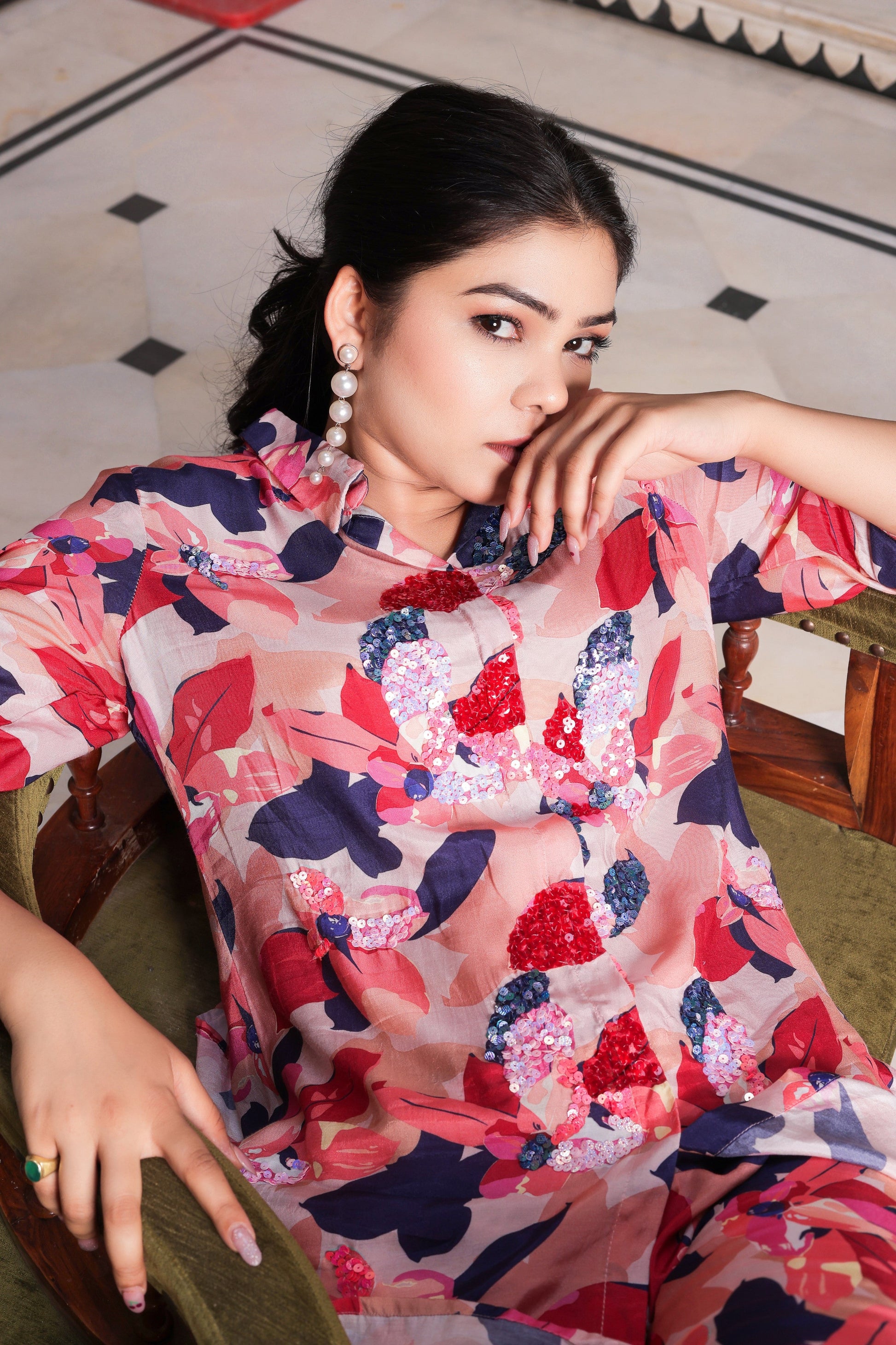 Multi colour co-ord  set with sequence work on front & printed  bottom.