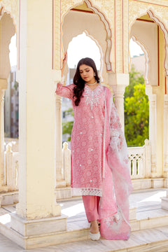 Floral printed Linen Straight suit set with  solid bottom & printed kota dupatta set.