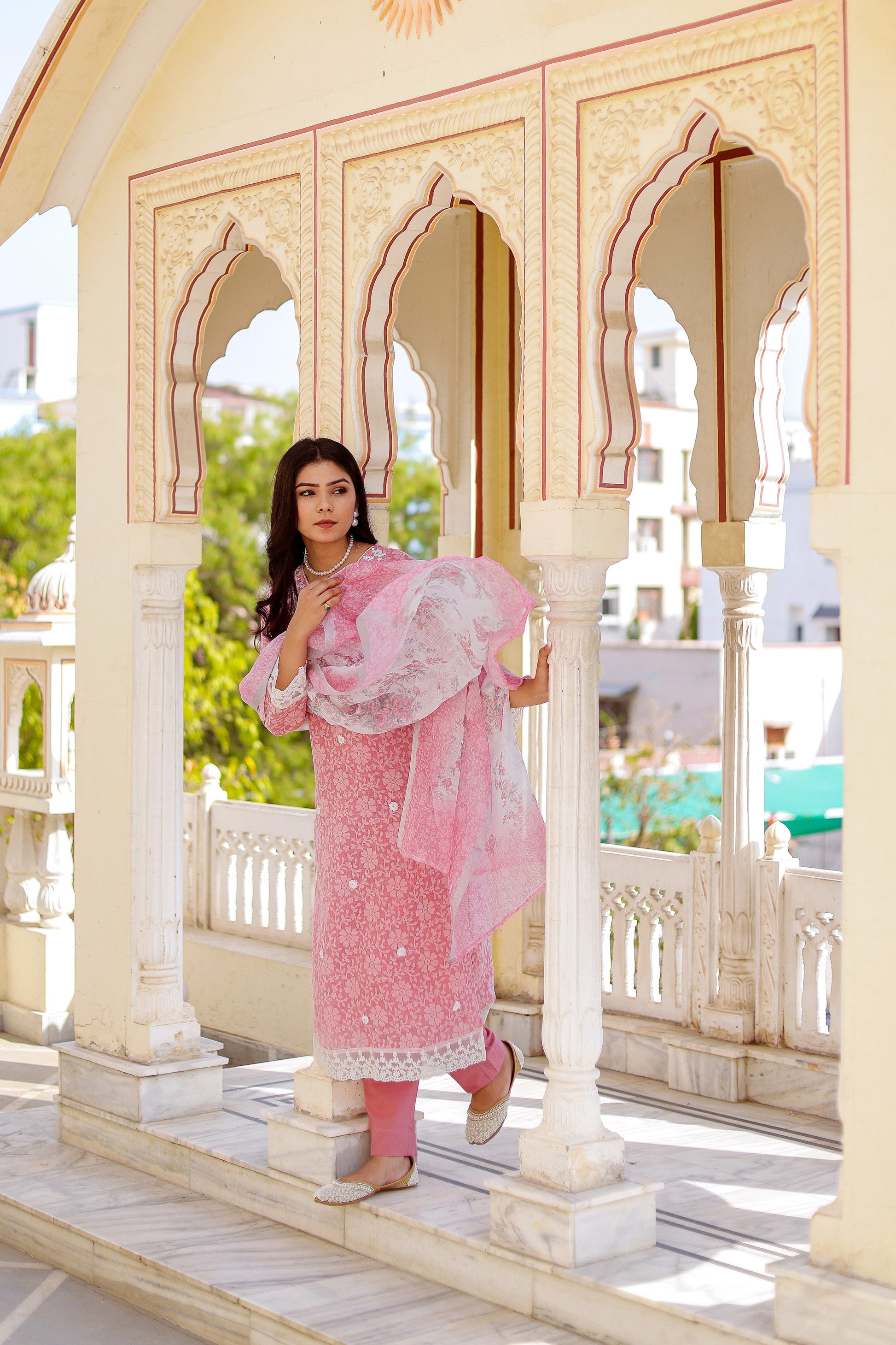 Floral printed Linen Straight suit set with  solid bottom & printed kota dupatta set.