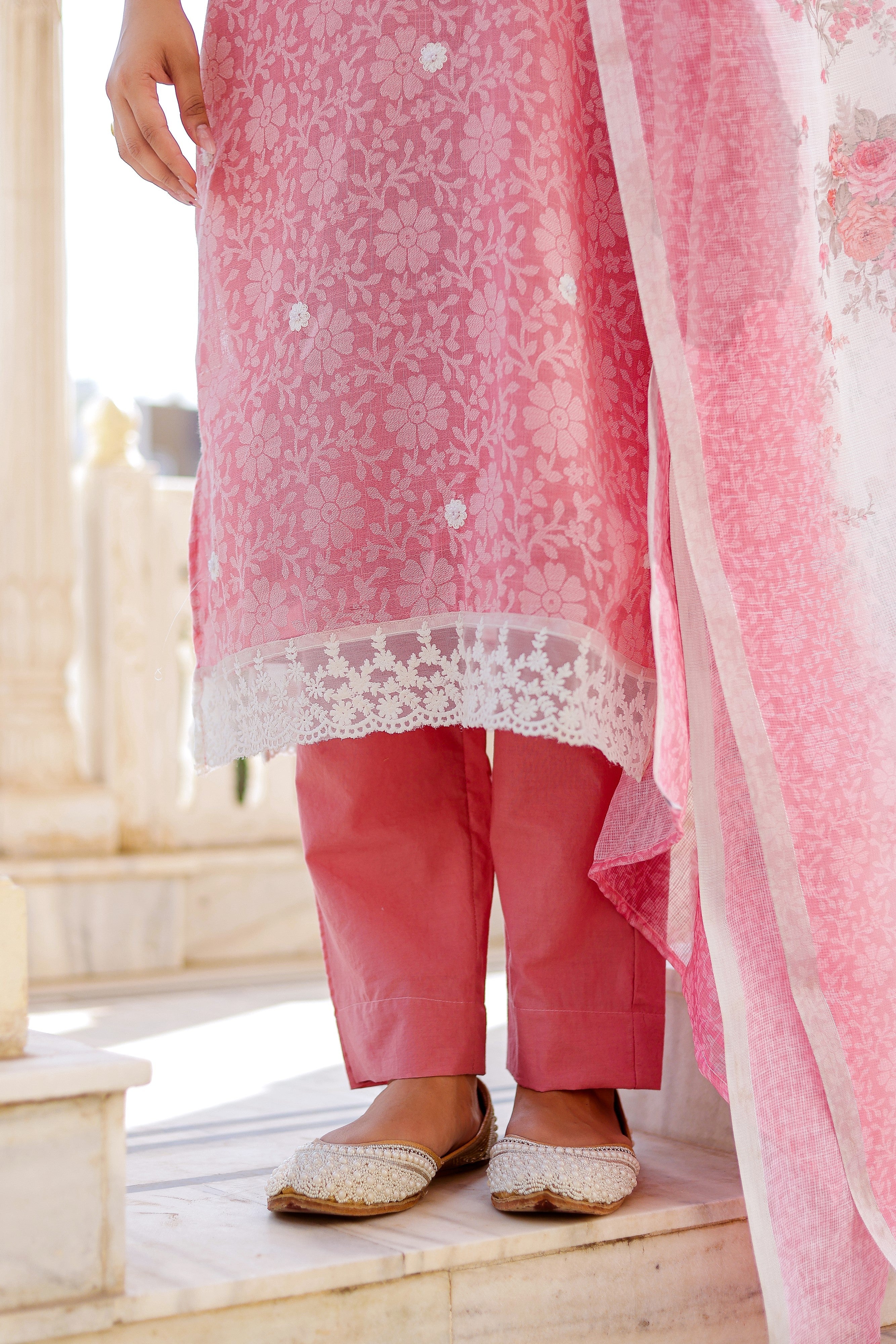 Floral printed Linen Straight suit set with  solid bottom & printed kota dupatta set.