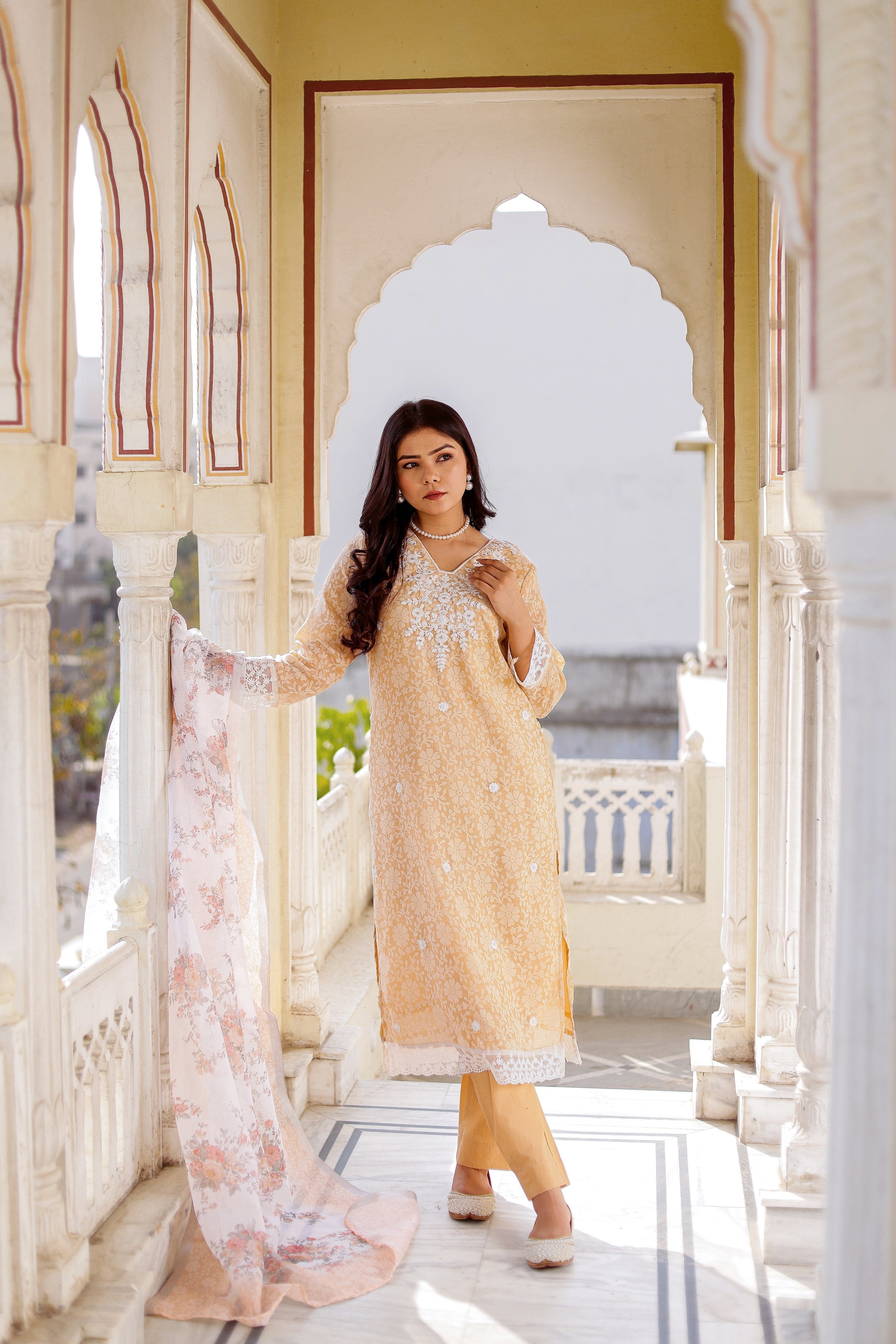 Floral printed Linen Straight suit set with  solid bottom & printed kota dupatta set.