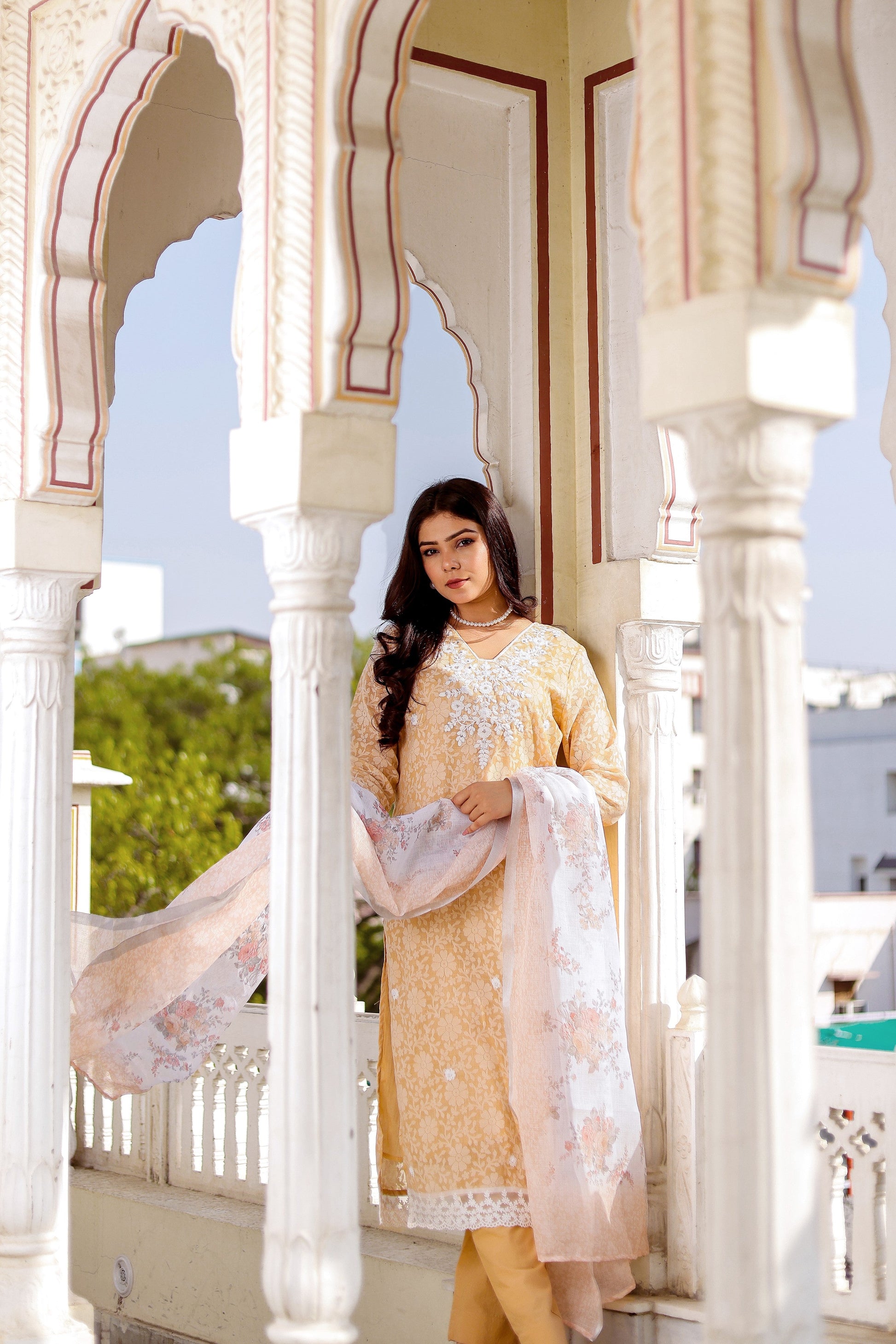 Floral printed Linen Straight suit set with  solid bottom & printed kota dupatta set.