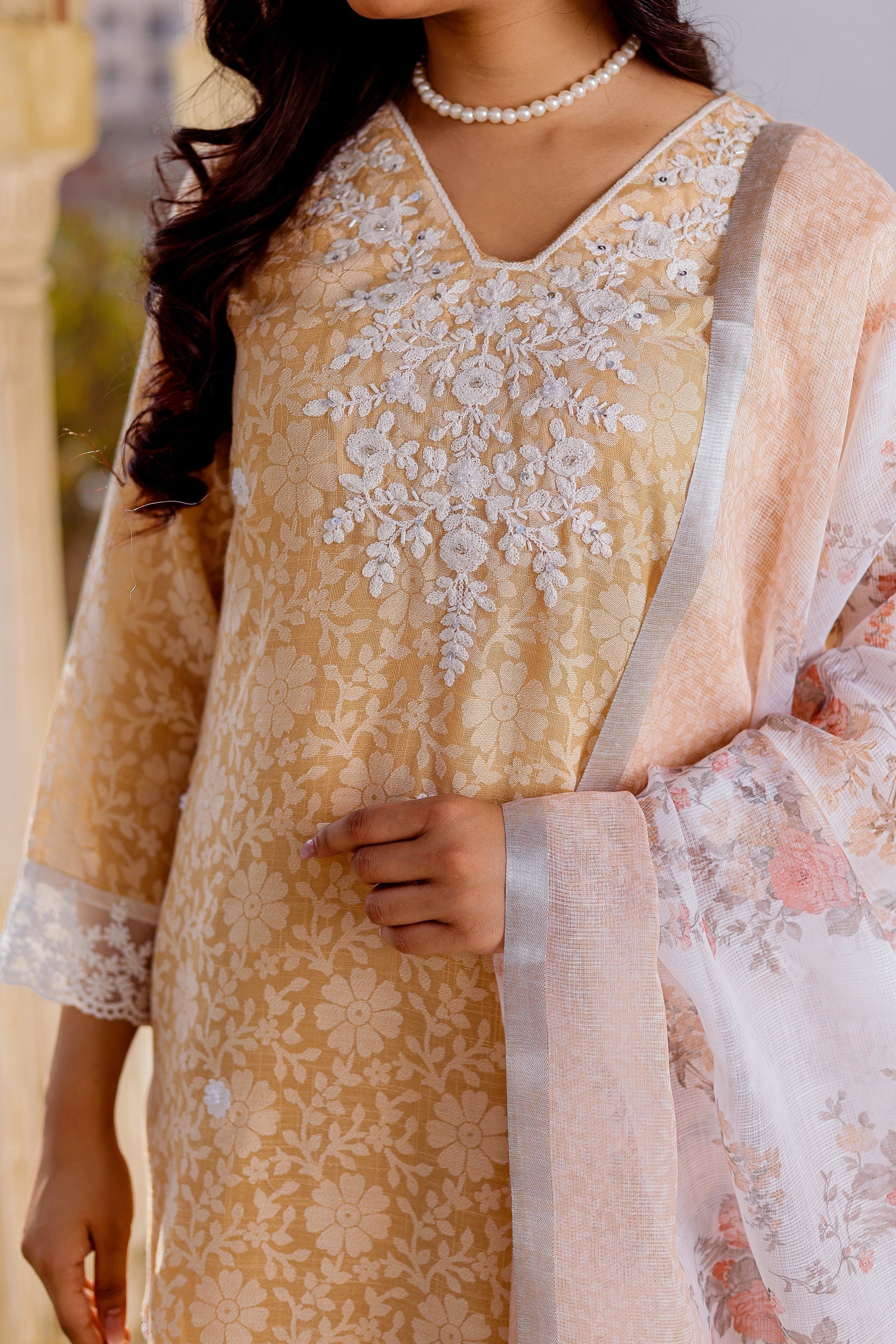 Floral printed Linen Straight suit set with  solid bottom & printed kota dupatta set.