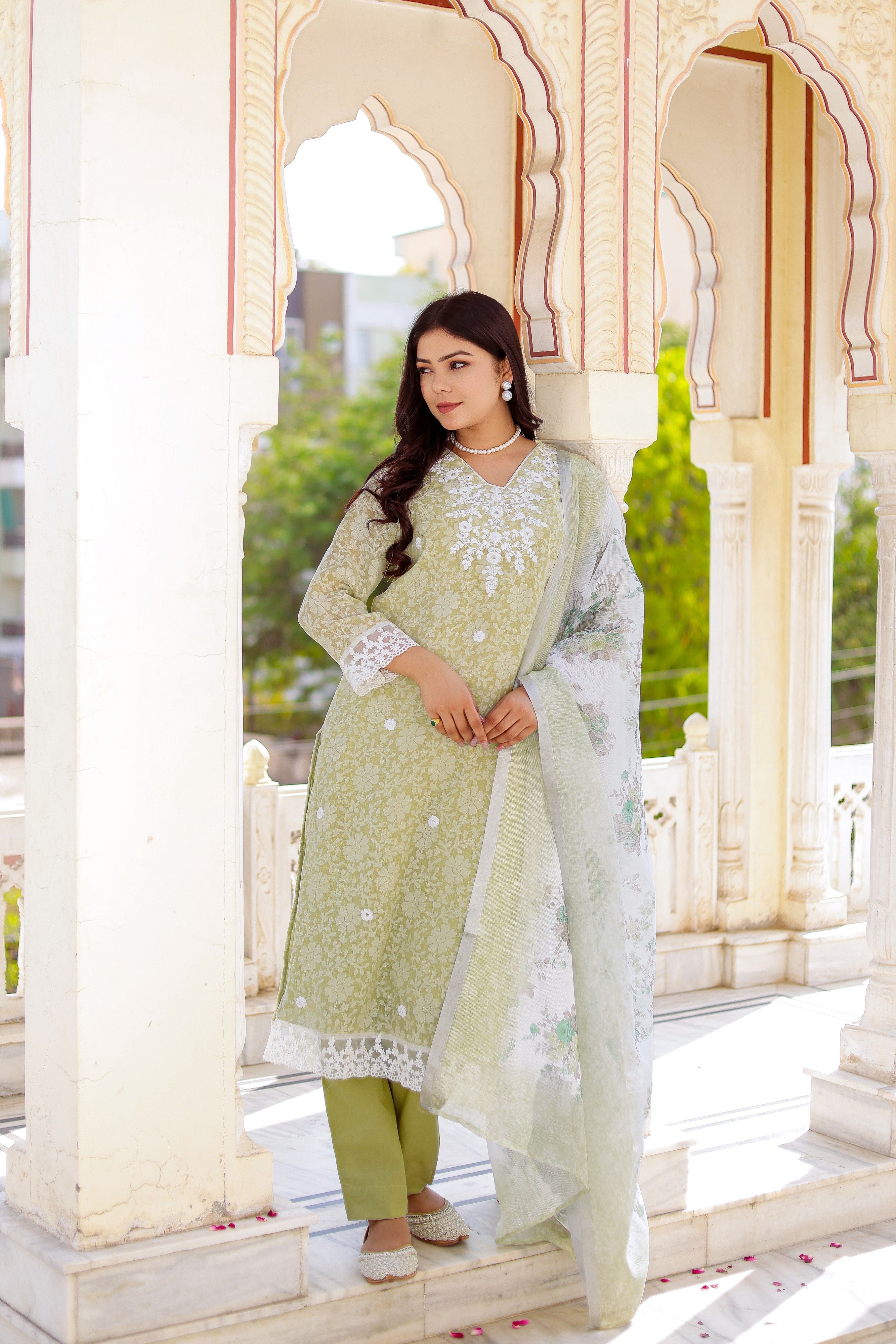 Floral printed Linen Straight suit set with  solid bottom & printed kota dupatta set.