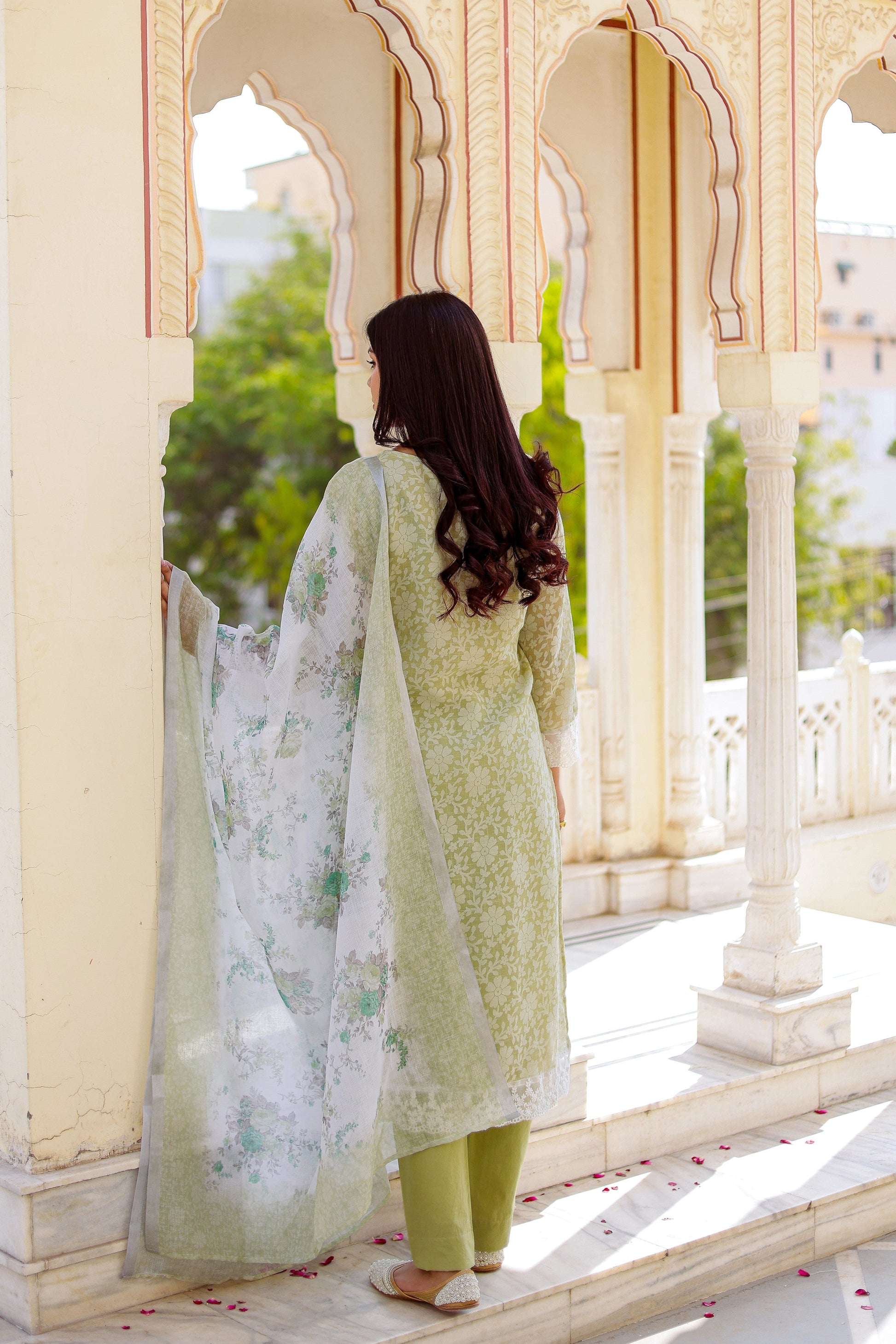 Floral printed Linen Straight suit set with  solid bottom & printed kota dupatta set.