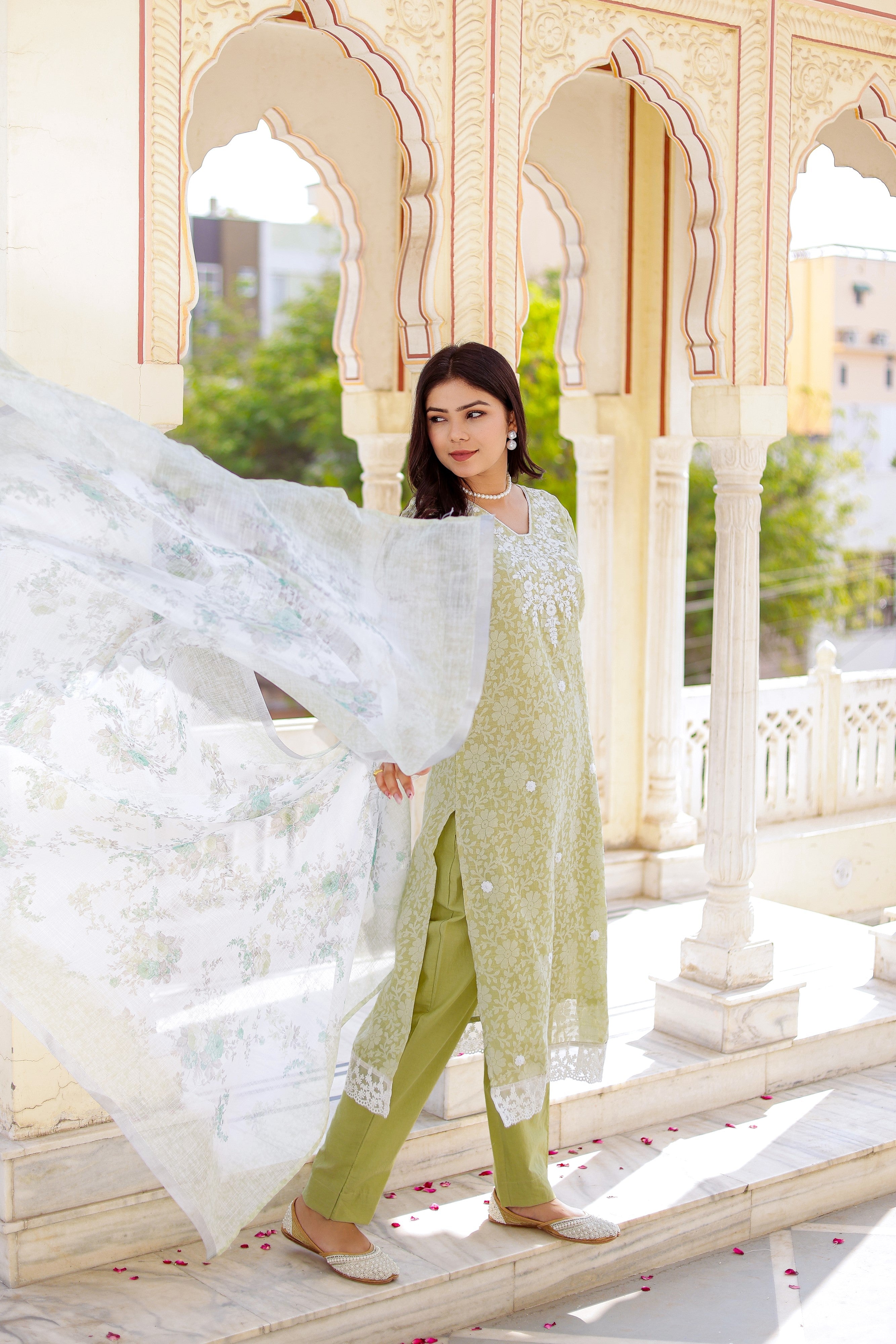 Floral printed Linen Straight suit set with  solid bottom & printed kota dupatta set.