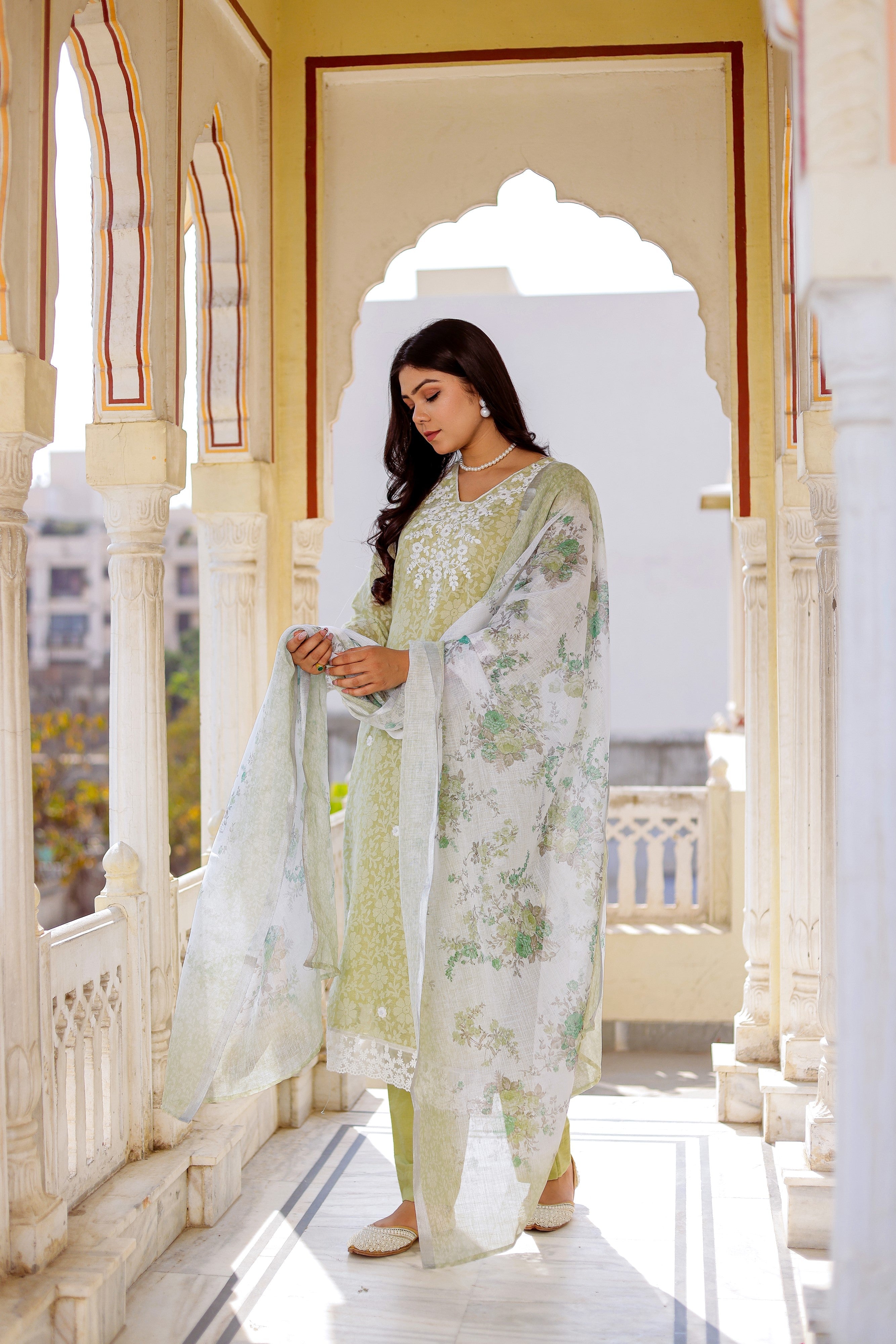 Floral printed Linen Straight suit set with  solid bottom & printed kota dupatta set.