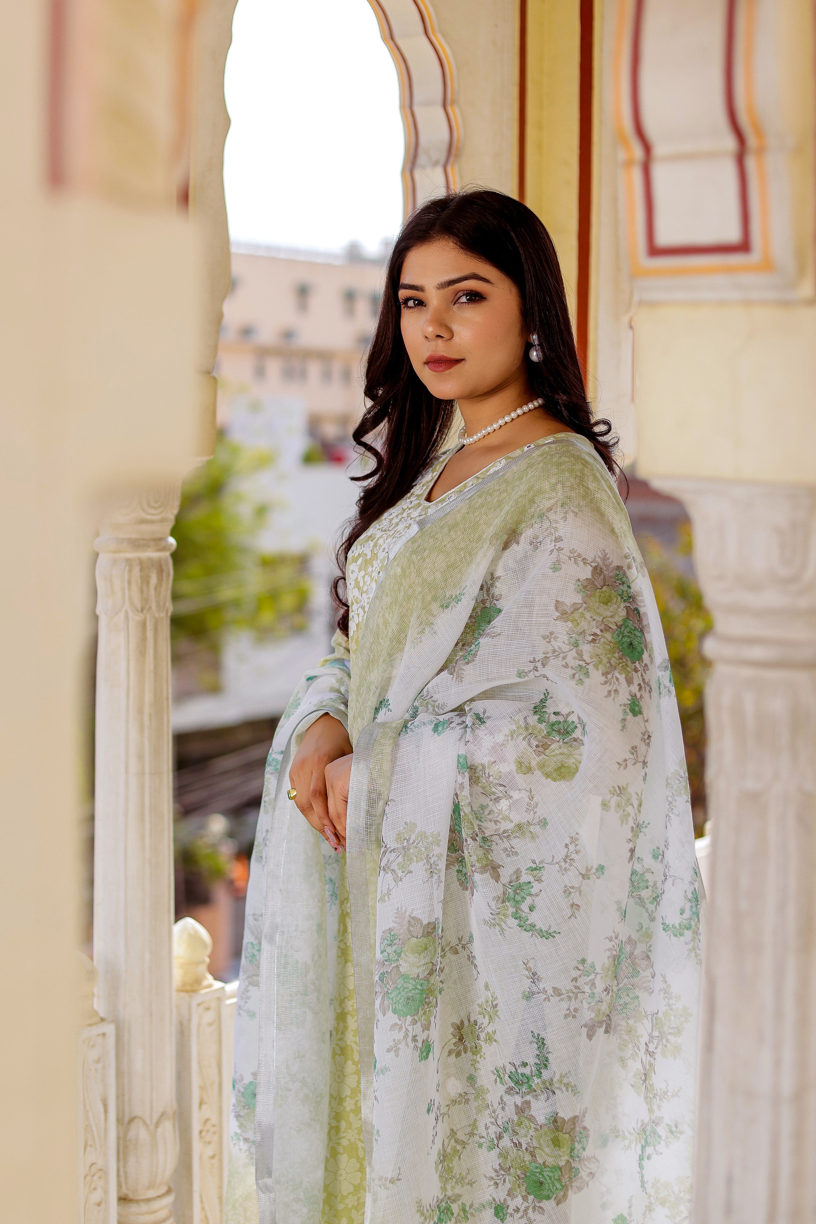 Floral printed Linen Straight suit set with  solid bottom & printed kota dupatta set.