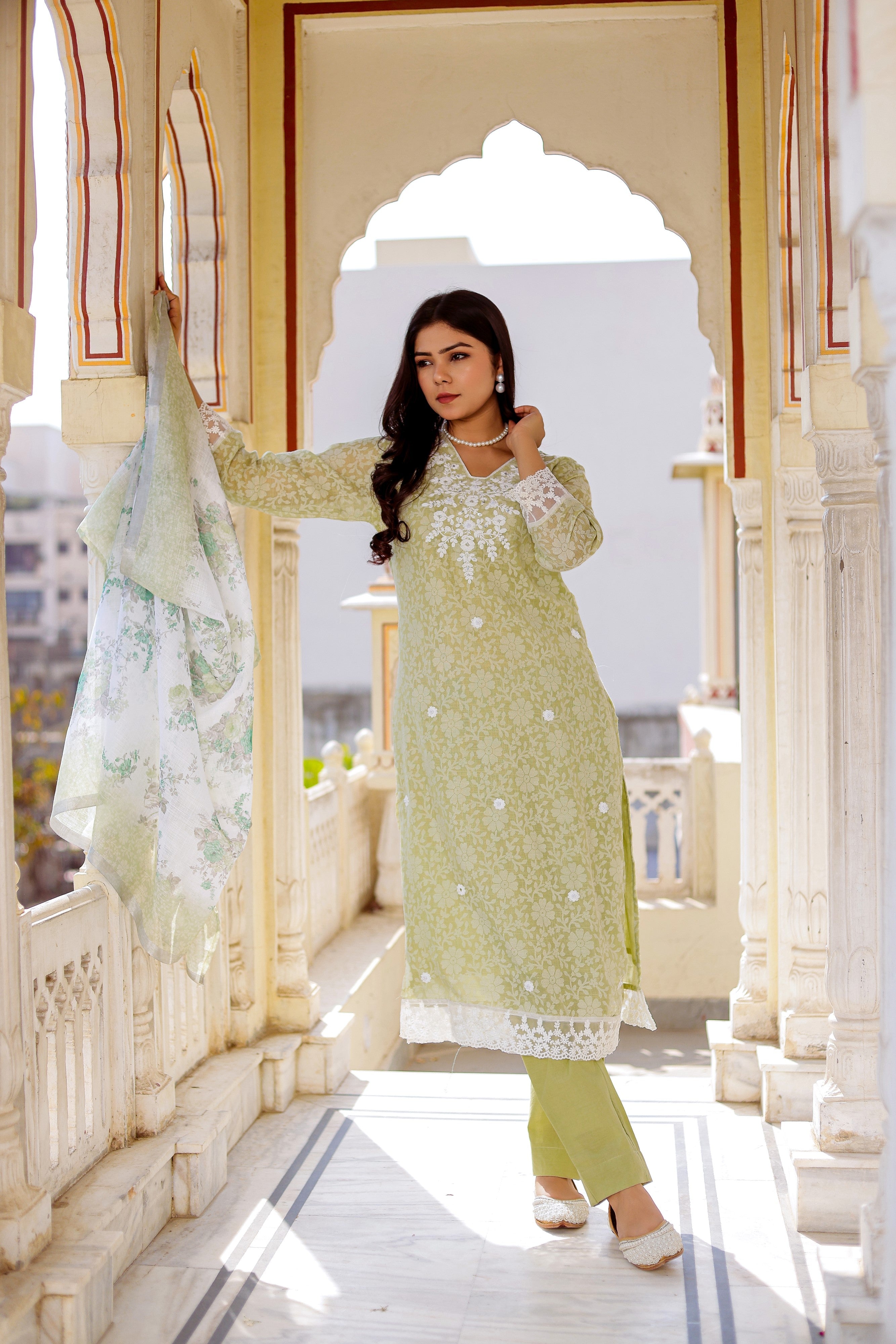 Floral printed Linen Straight suit set with  solid bottom & printed kota dupatta set.