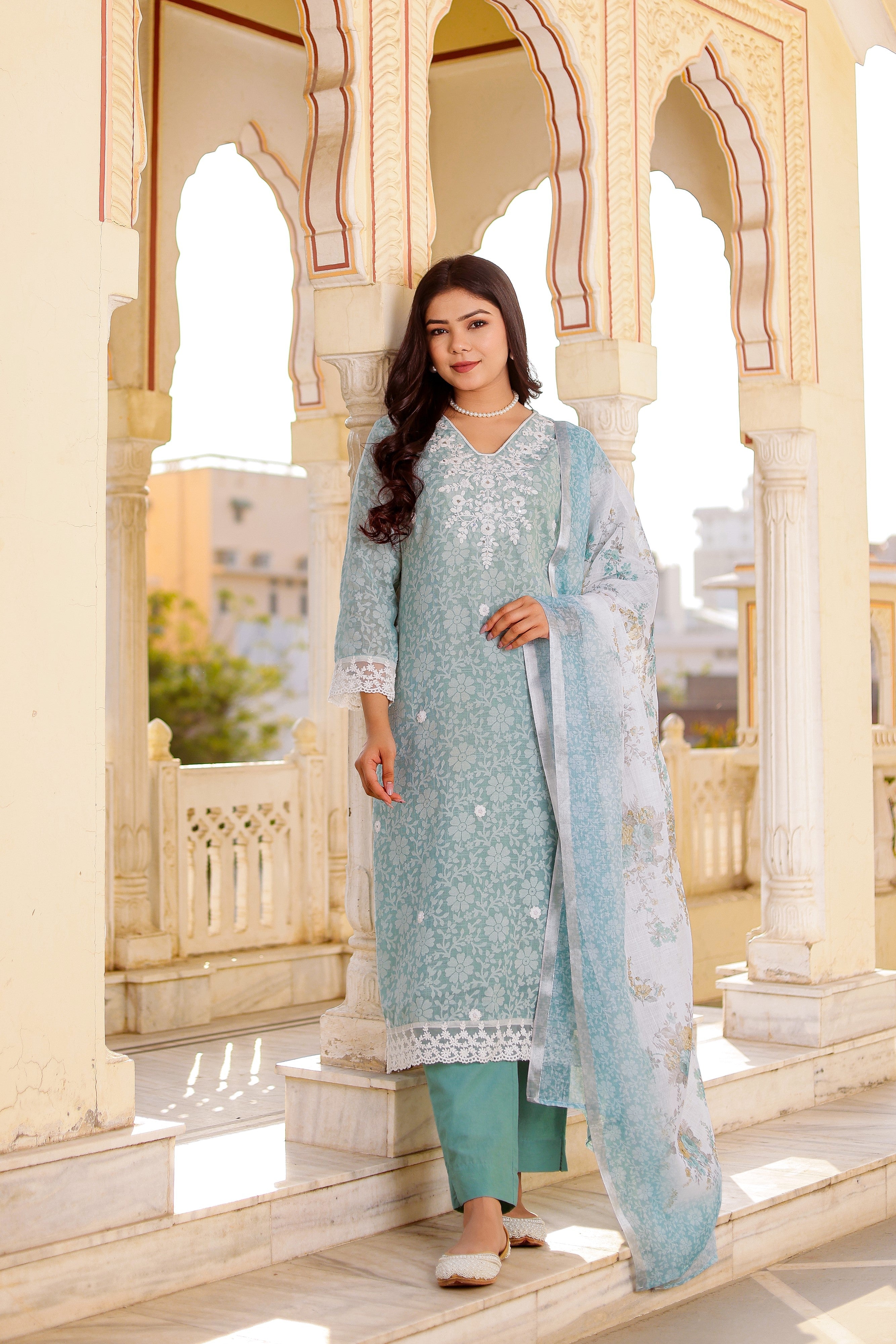 Floral printed Linen Straight suit set with  solid bottom & printed kota dupatta set.