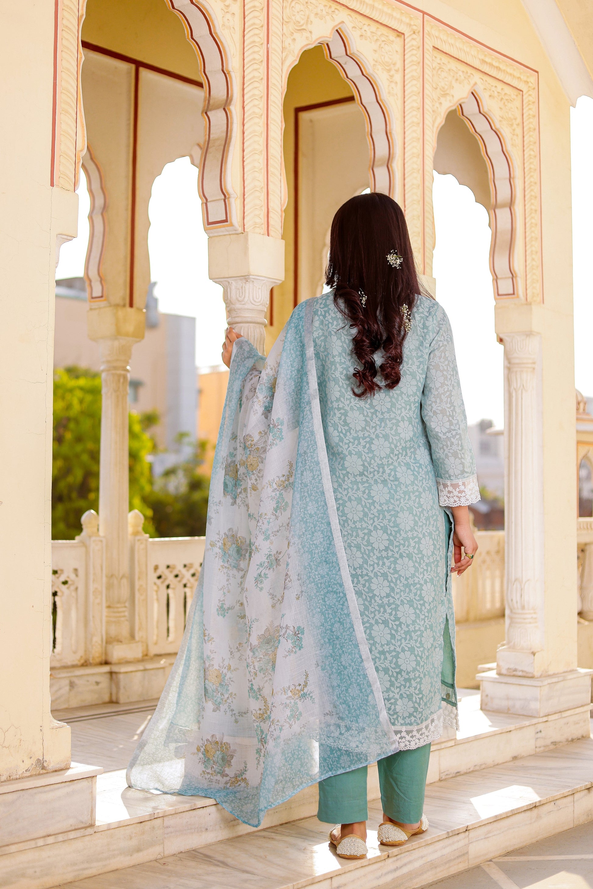 Floral printed Linen Straight suit set with  solid bottom & printed kota dupatta set.