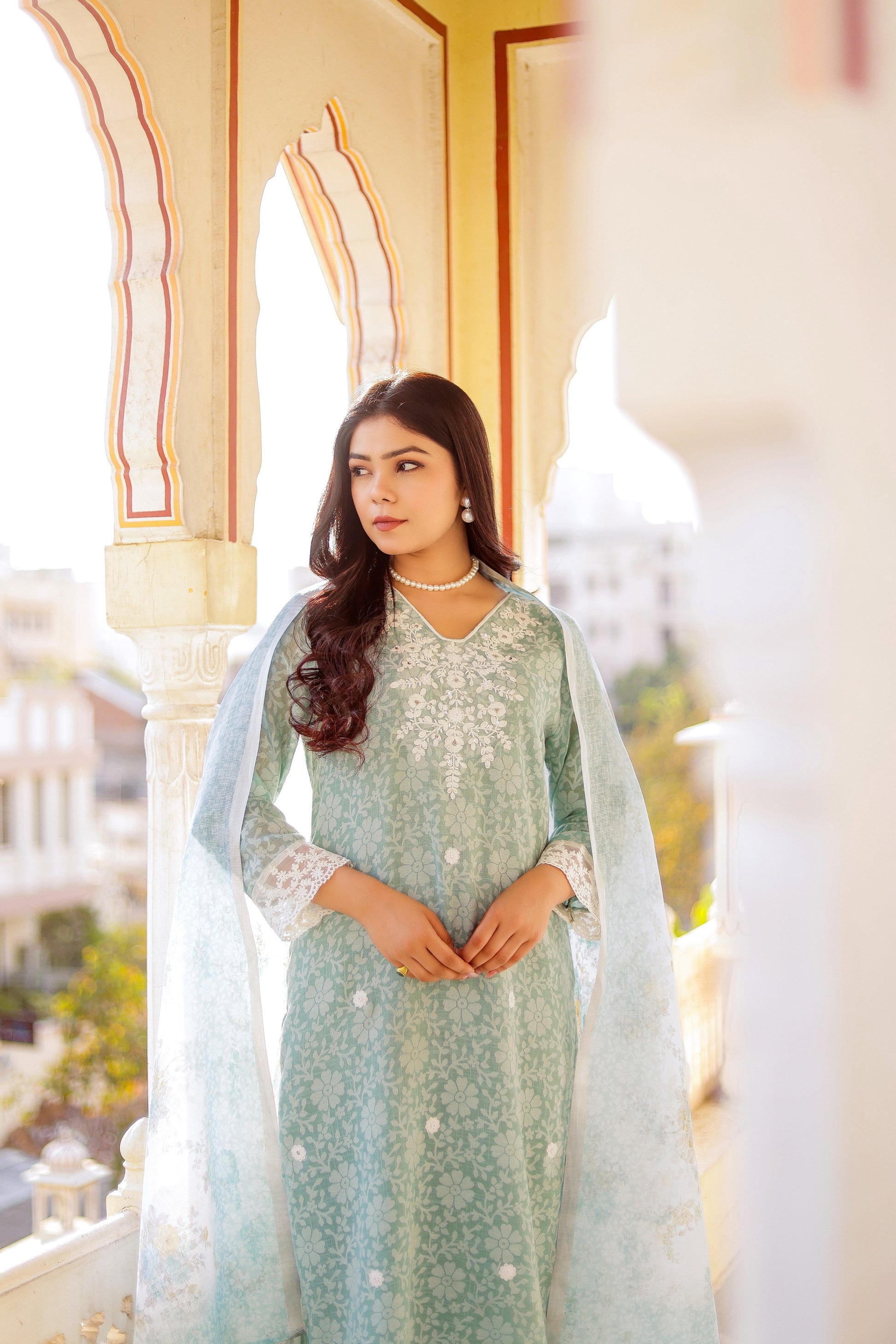 Floral printed Linen Straight suit set with  solid bottom & printed kota dupatta set.