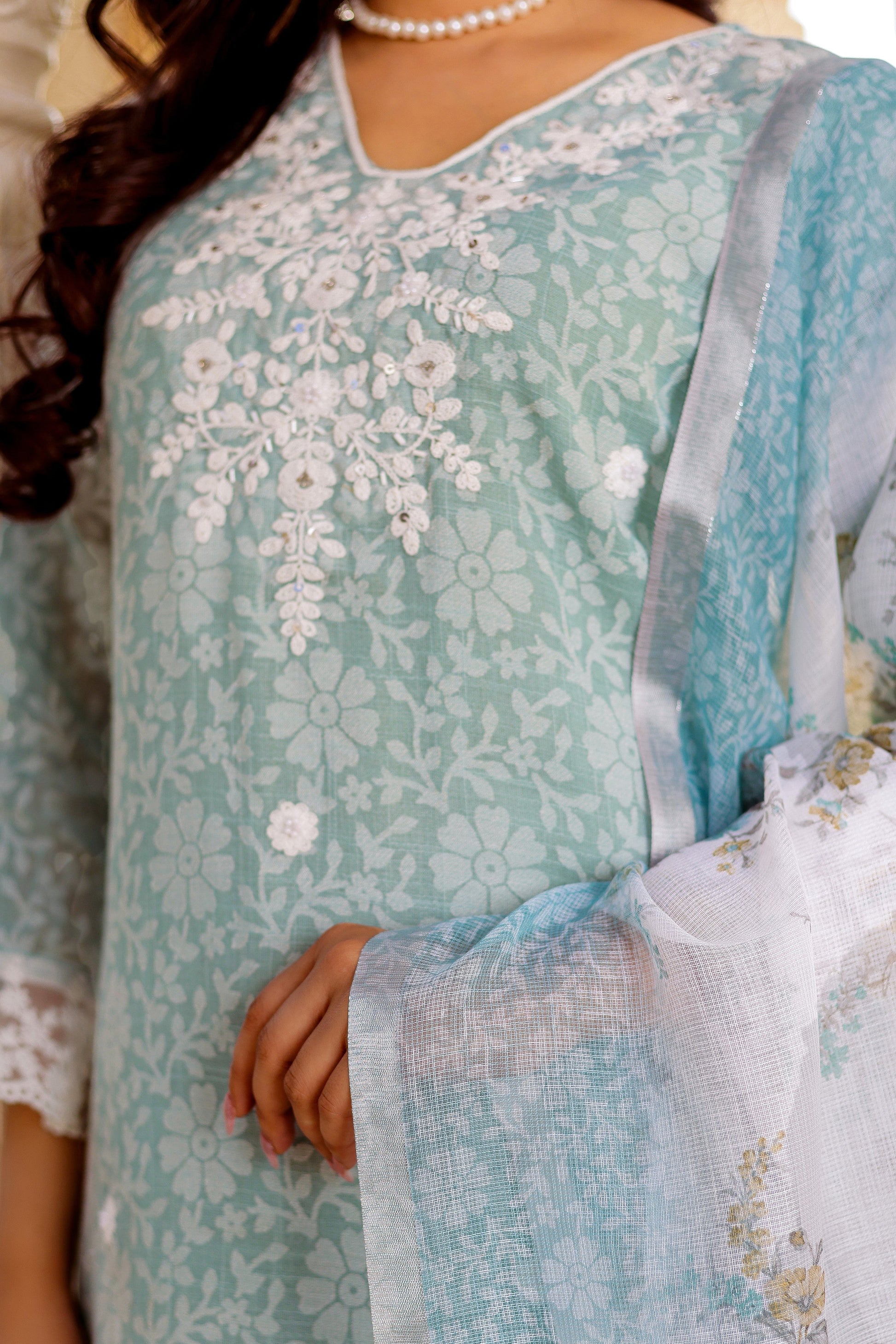 Floral printed Linen Straight suit set with  solid bottom & printed kota dupatta set.