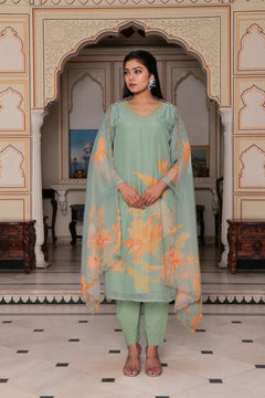 Teal Green Placement print Straight suit set with solid bottom & printed organza cut work dupatta set.