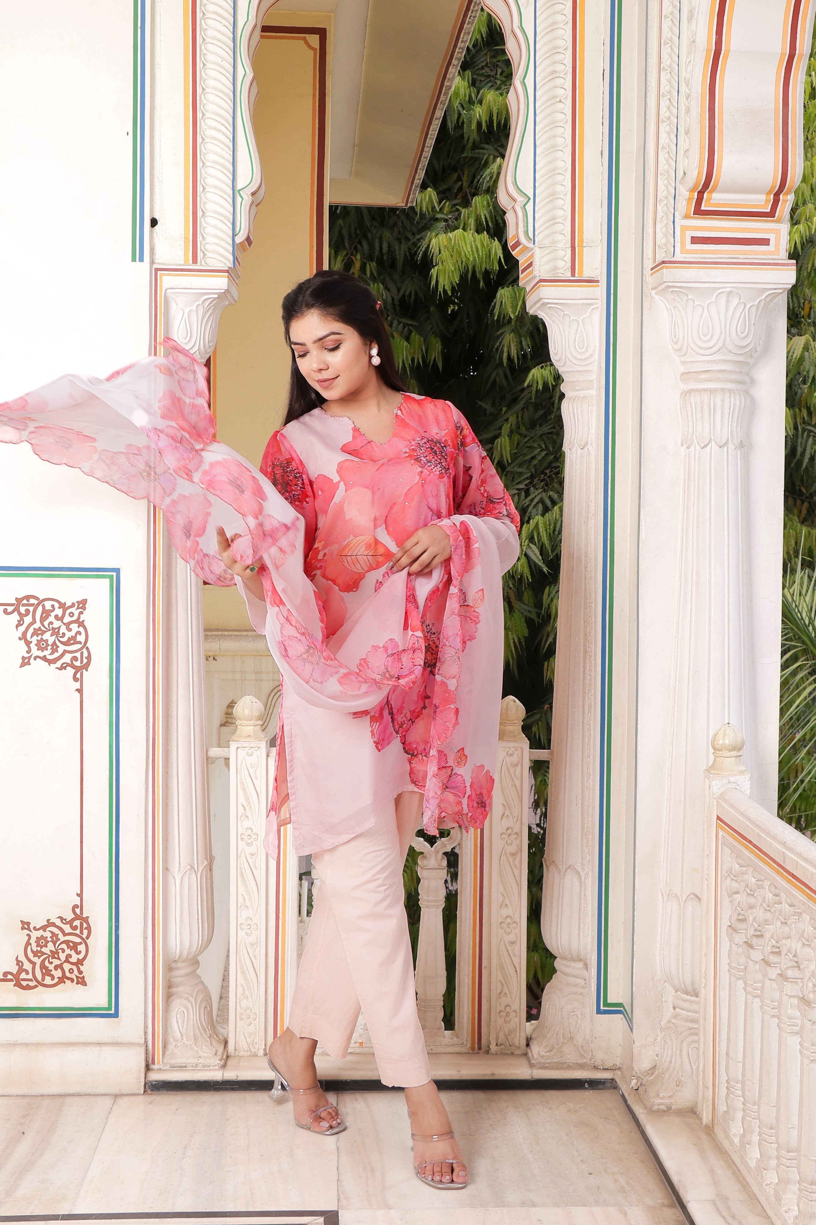 Ivory Placement print V neck Straight suit set with solid bottom & printed organza cut work dupatta set.
