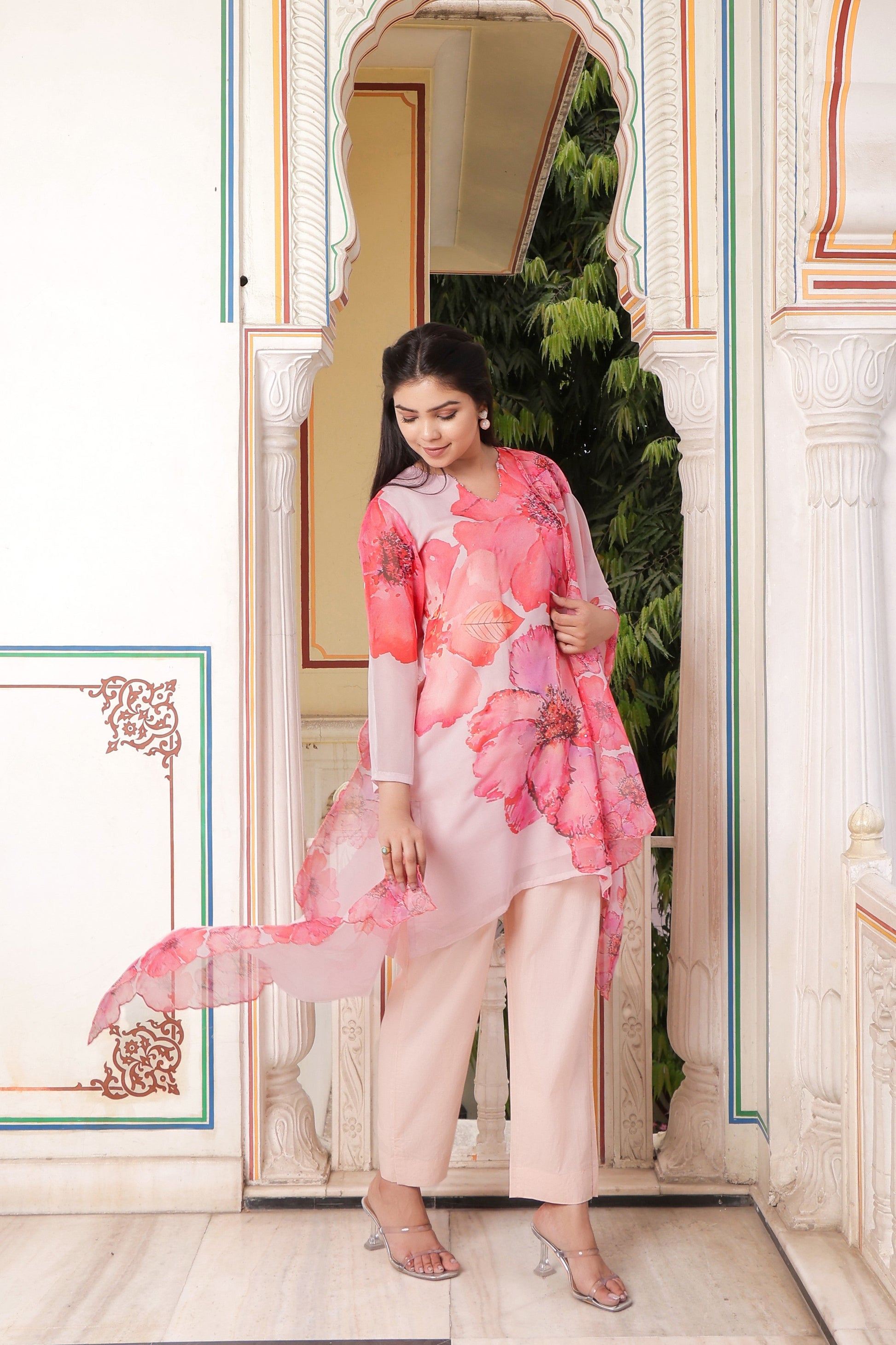 Ivory Placement print V neck Straight suit set with solid bottom & printed organza cut work dupatta set.