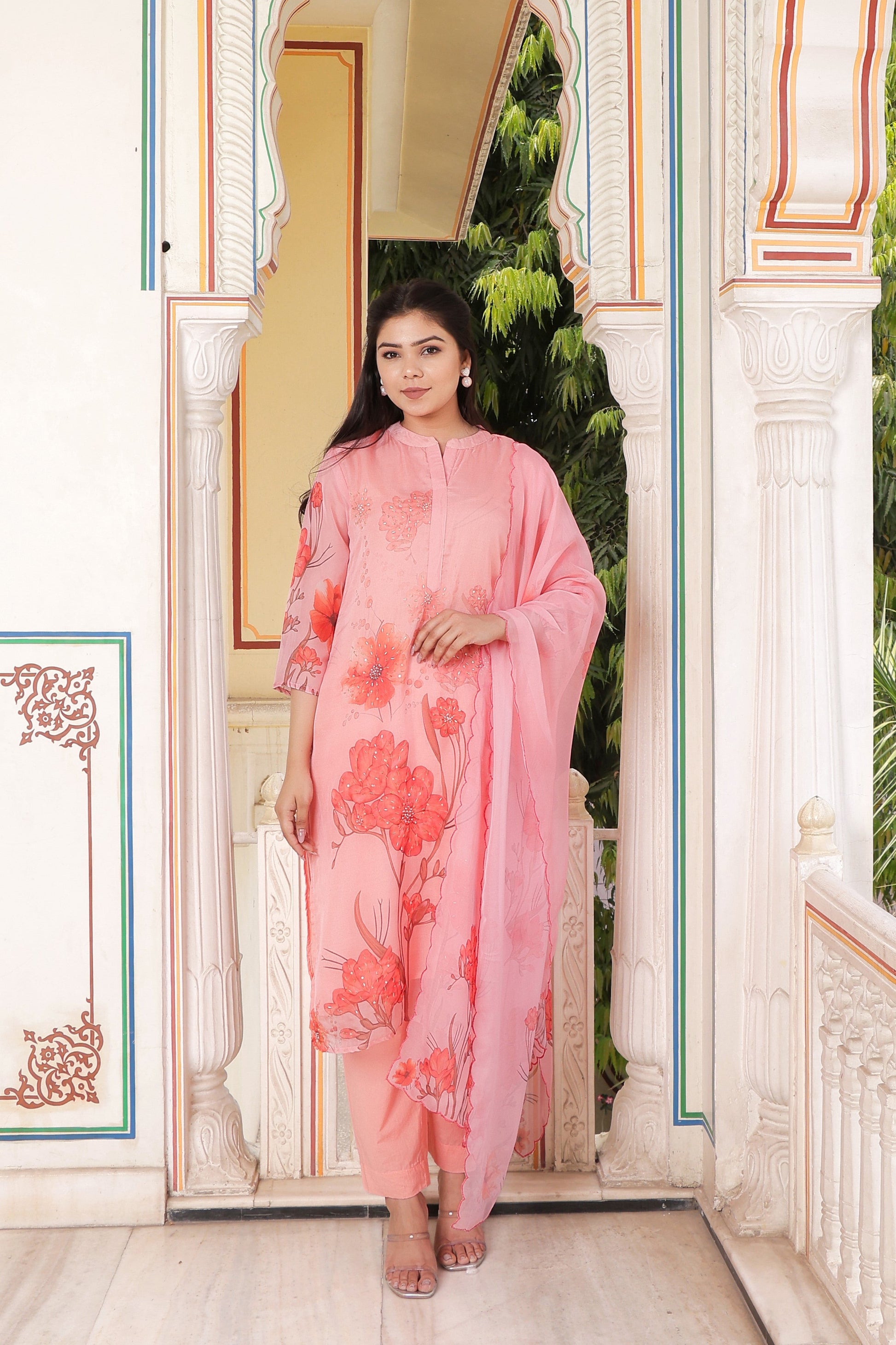 Pink Placement print Collar neck Straight suit set with solid bottom & printed organza cut work dupatta set.