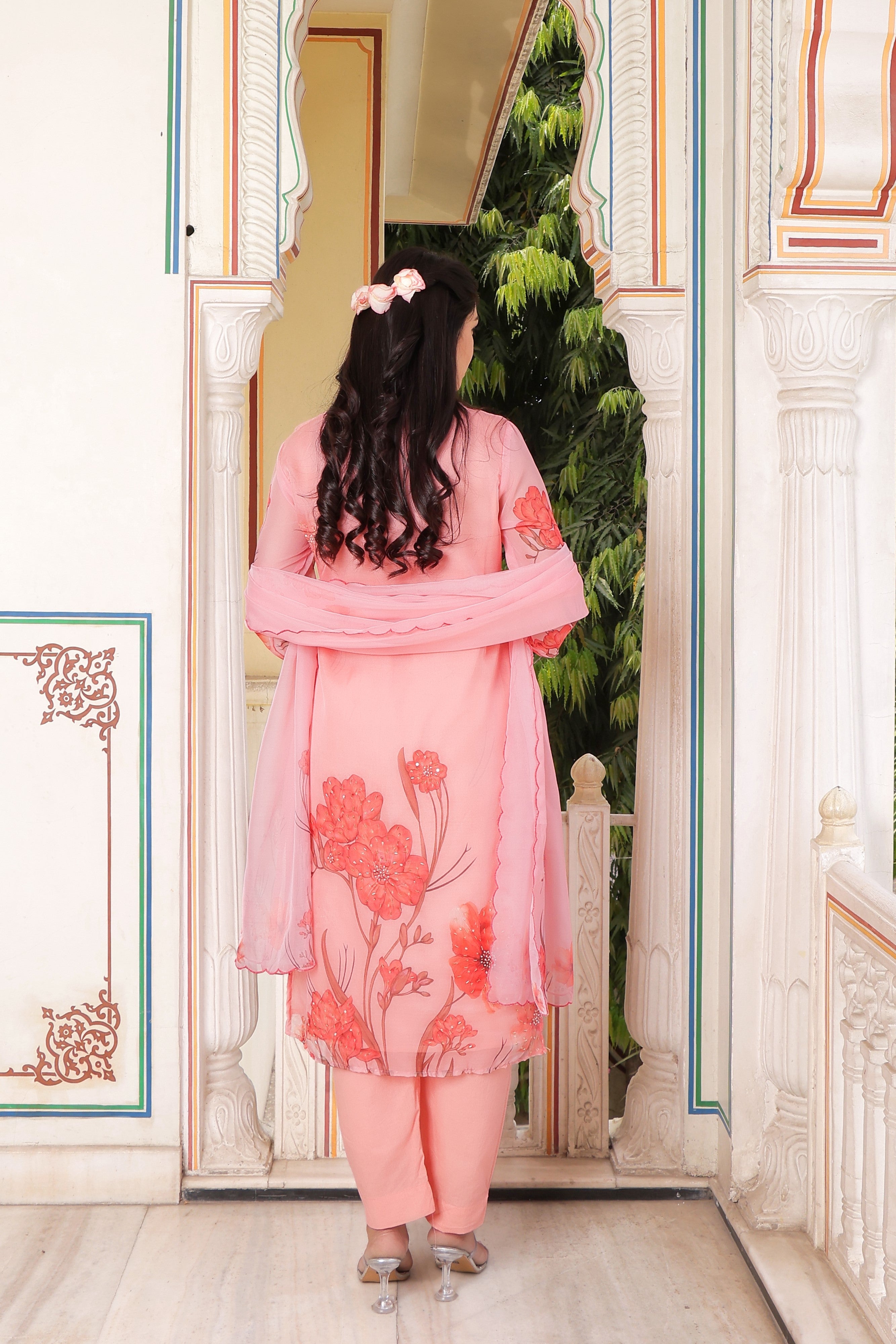 Pink Placement print Collar neck Straight suit set with solid bottom & printed organza cut work dupatta set.