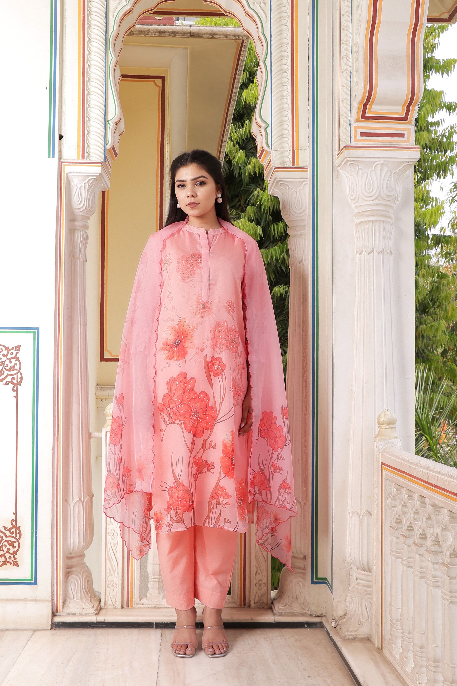 Pink Placement print Collar neck Straight suit set with solid bottom & printed organza cut work dupatta set.