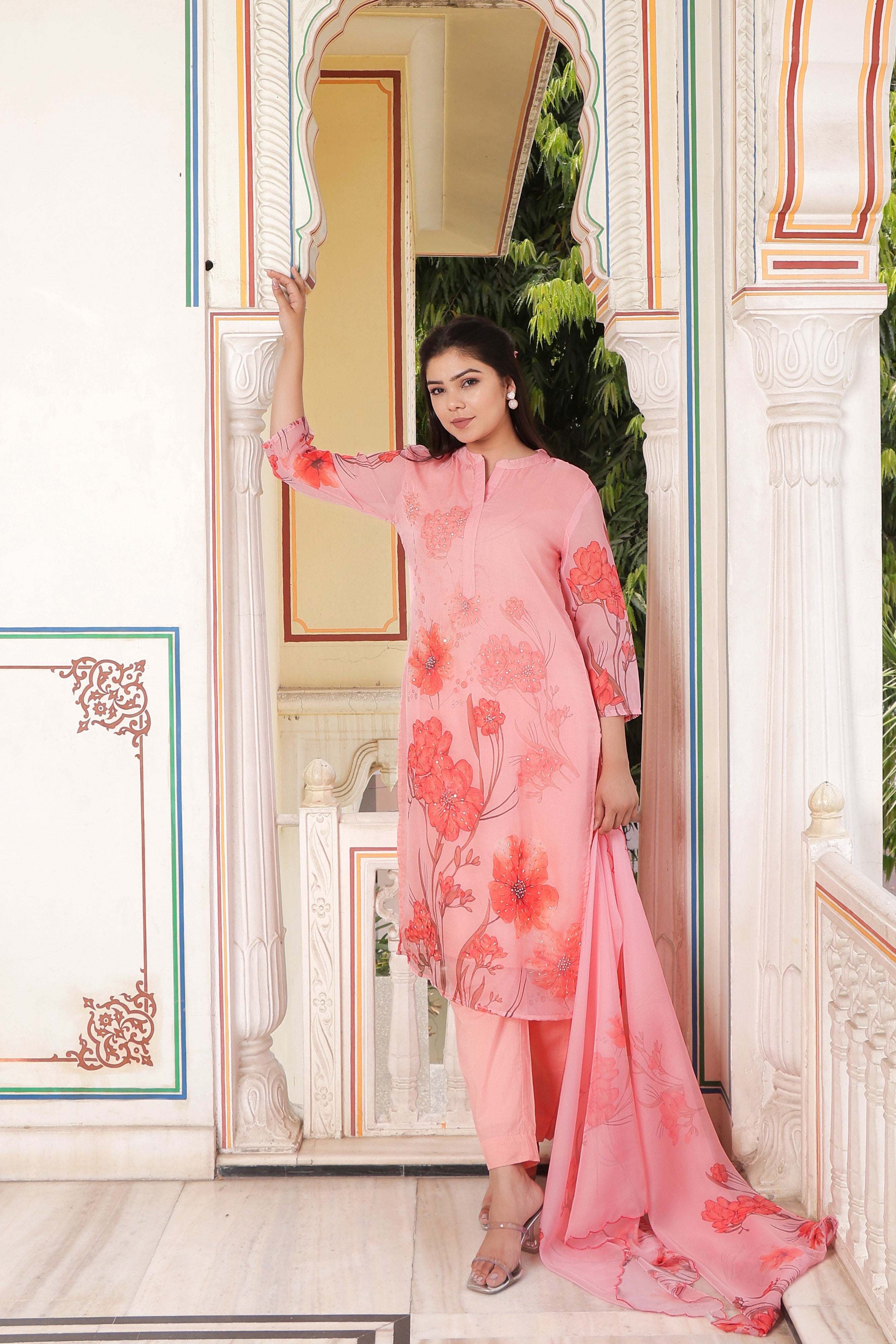 Pink Placement print Collar neck Straight suit set with solid bottom & printed organza cut work dupatta set.