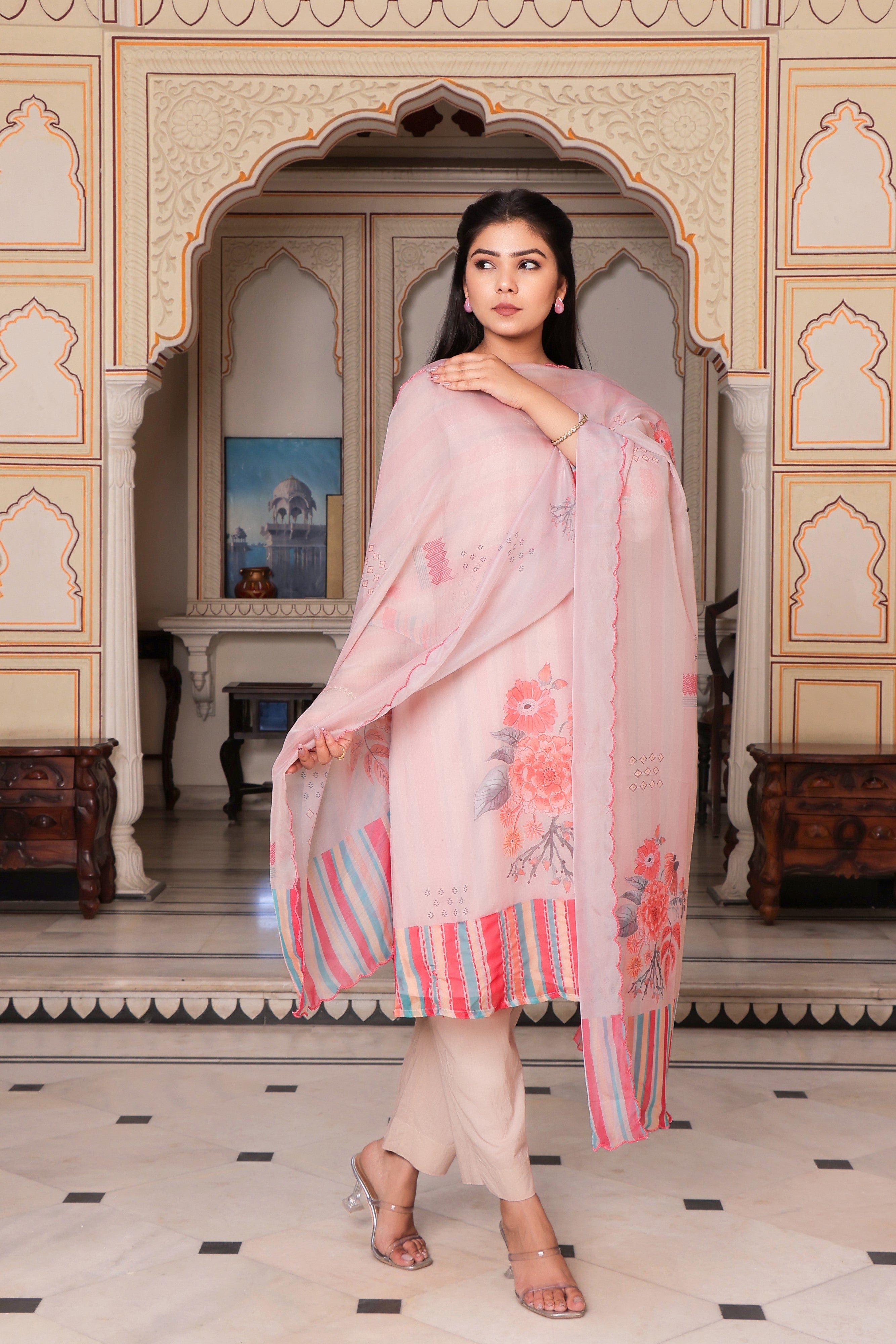 Beige Placement print V neck Straight suit set with solid bottom & printed organza cut work dupatta set.