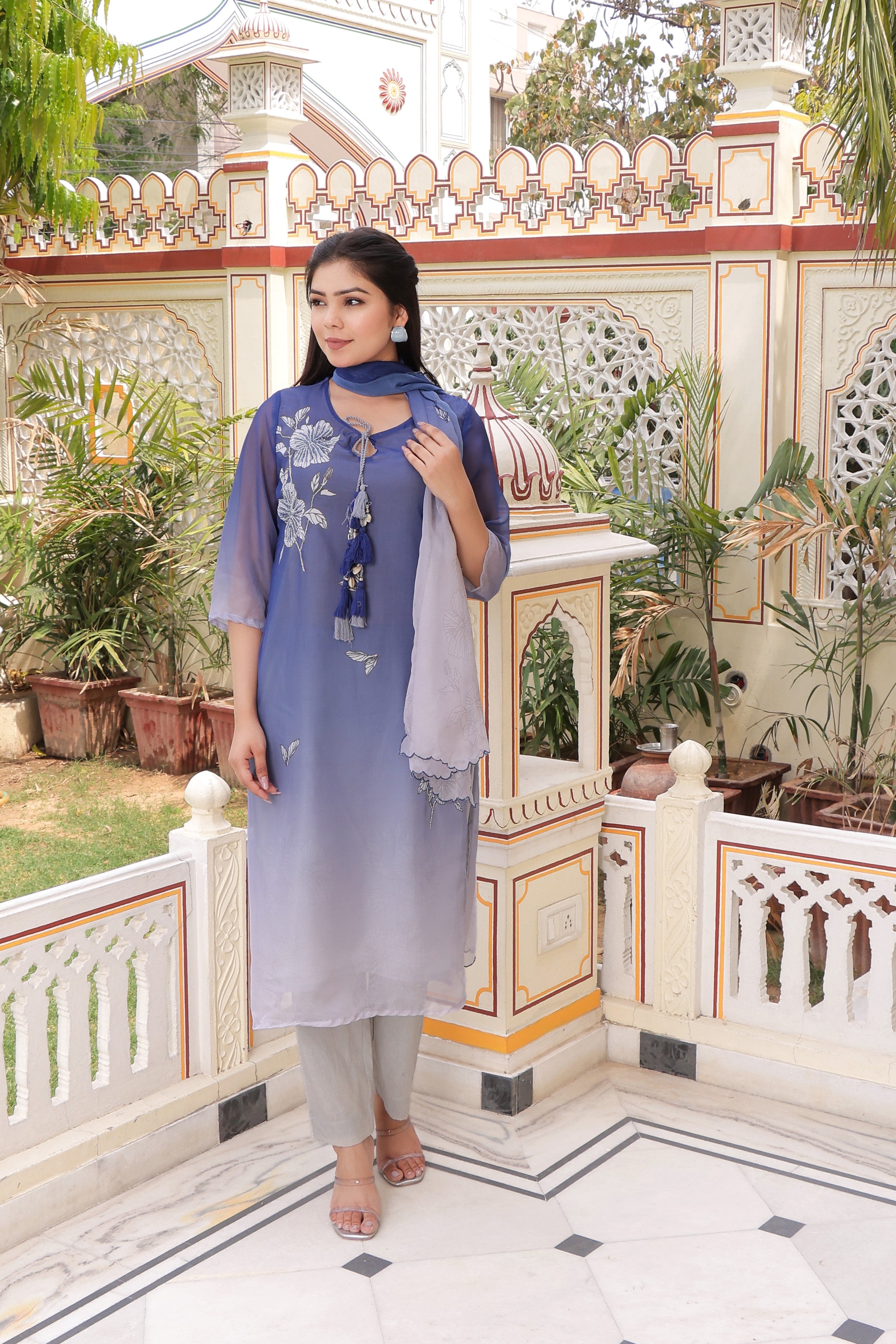 Ombre dual shade Placement print keyhole neckline Straight suit set with solid bottom & printed organza cut work dupatta set.