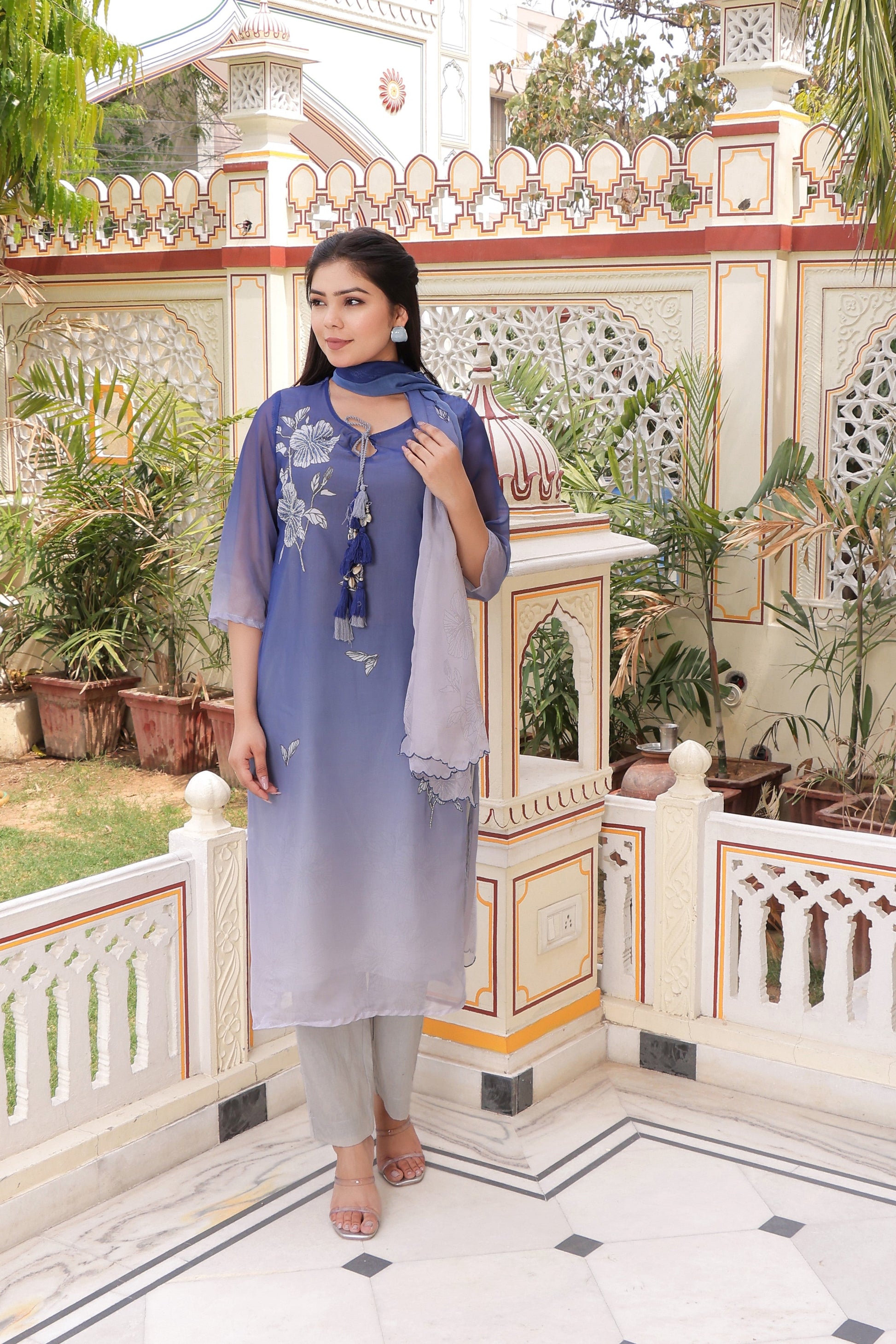 Ombre dual shade Placement print keyhole neckline Straight suit set with solid bottom & printed organza cut work dupatta set.