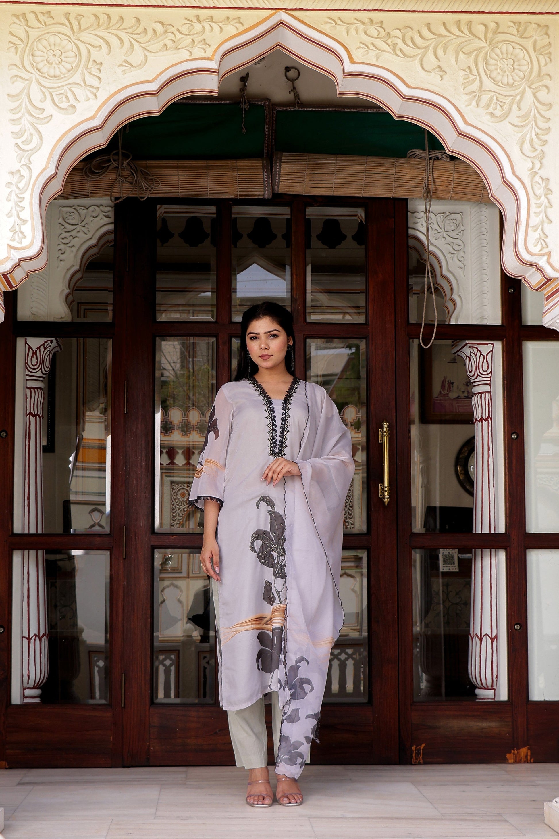 Grey laced Placement print V neck laced Straight suit set with solid bottom & printed organza cut work dupatta set.