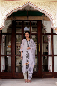 Grey laced Placement print V neck laced Straight suit set with solid bottom & printed organza cut work dupatta set.
