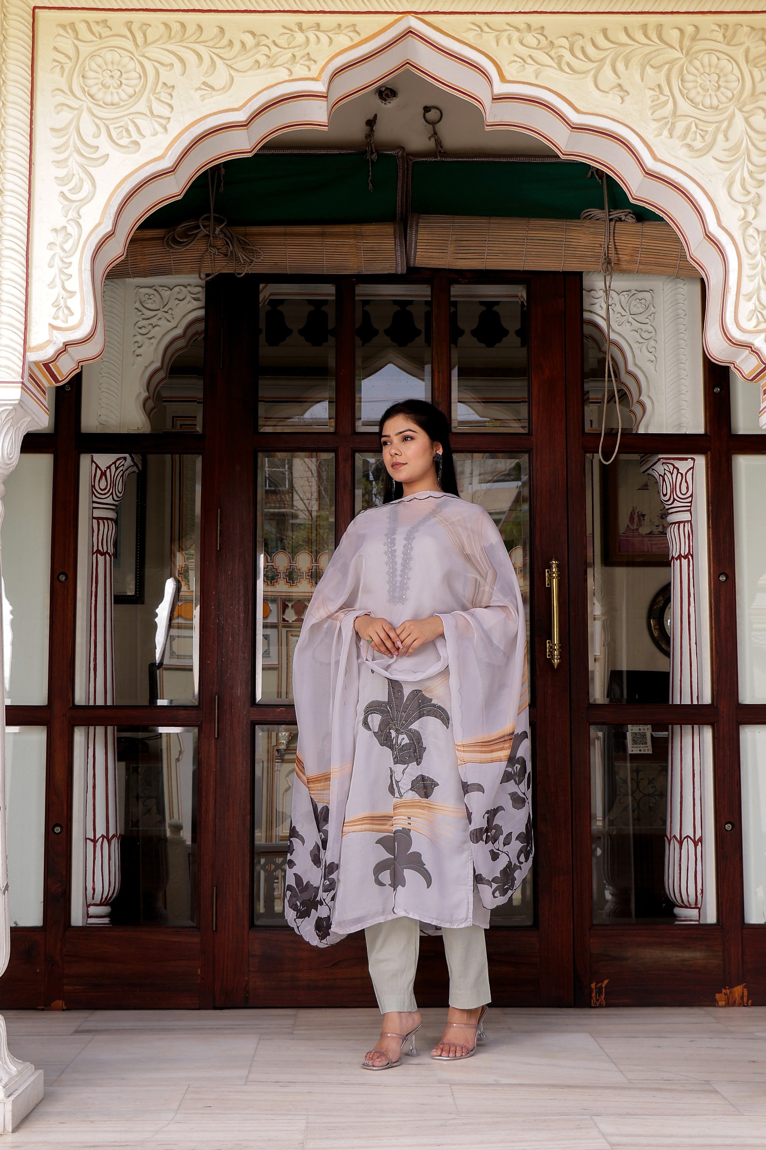 Grey laced Placement print V neck laced Straight suit set with solid bottom & printed organza cut work dupatta set.