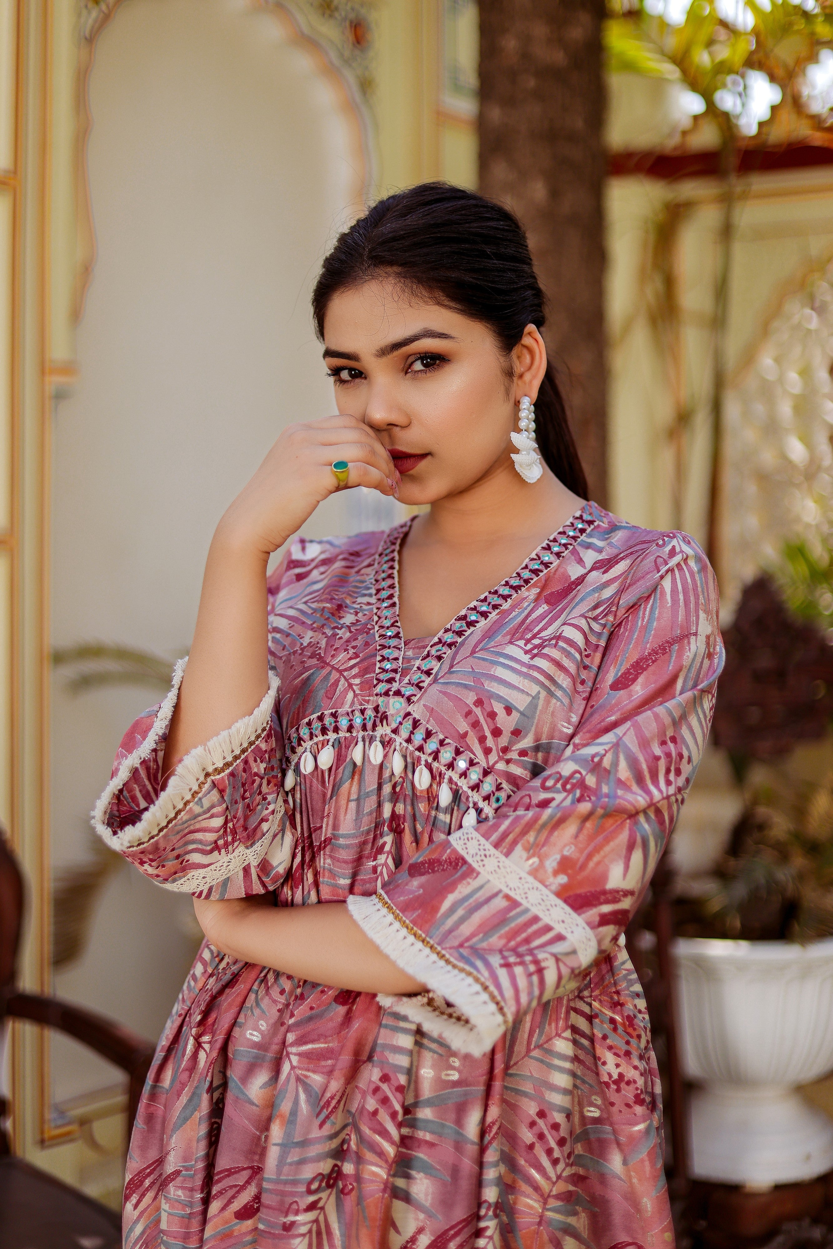 Alia cut Cord set with ebmroidered lace border & solid bottom with lace