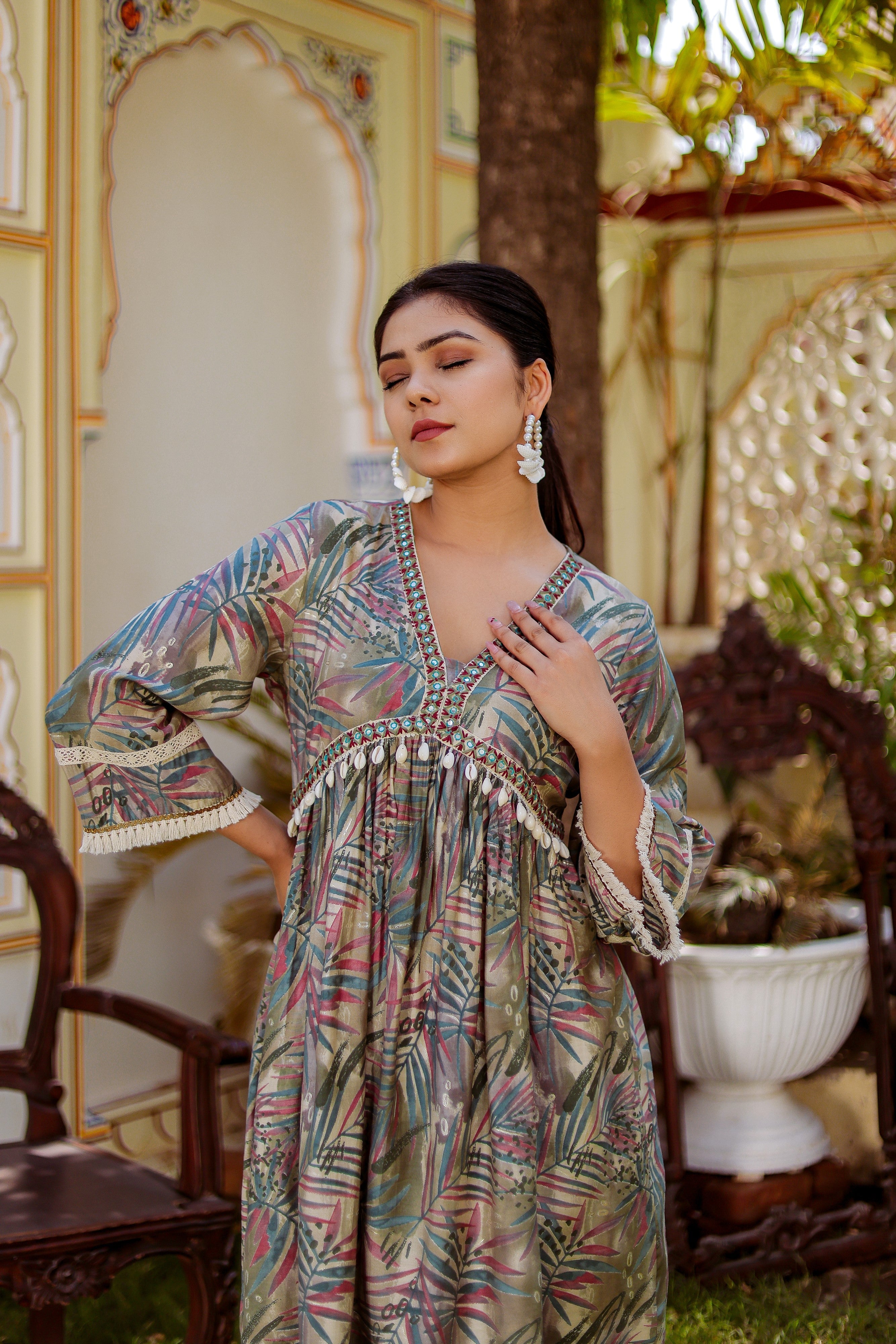 Alia cut Cord set with ebmroidered lace border & solid bottom with lace