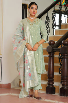 Women Tissue Brocade Embroidered Kurta with Scalloped pant & Dupatta