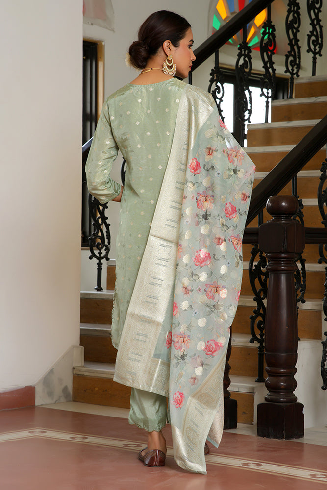 Women Tissue Brocade Embroidered Kurta with Scalloped pant & Dupatta