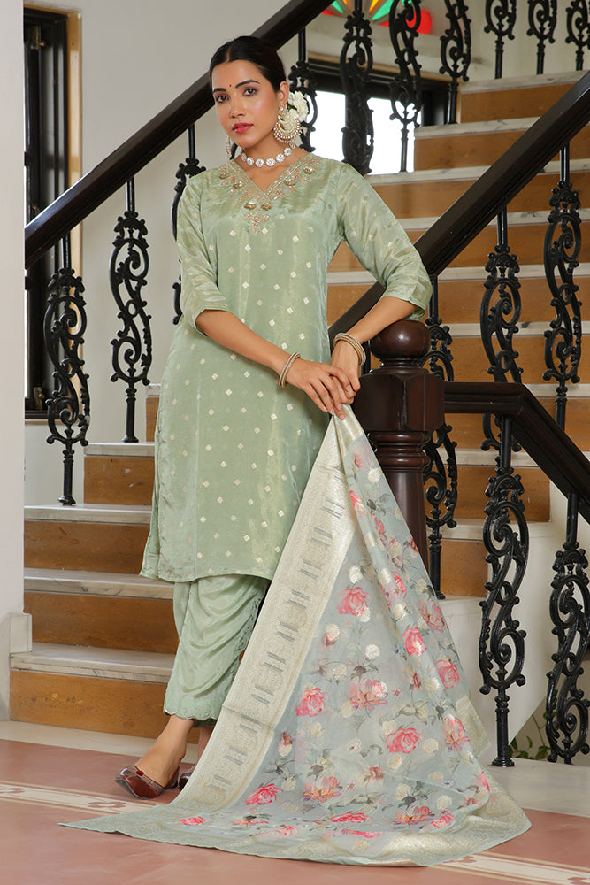 Women Tissue Brocade Embroidered Kurta with Scalloped pant & Dupatta