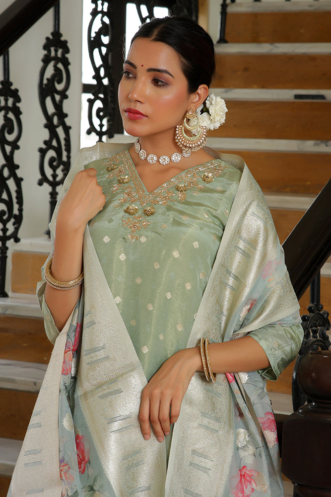 Women Tissue Brocade Embroidered Kurta with Scalloped pant & Dupatta