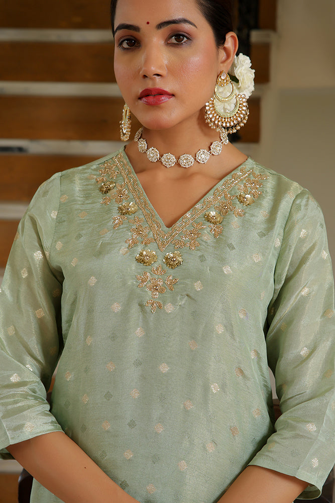 Women Tissue Brocade Embroidered Kurta with Scalloped pant & Dupatta