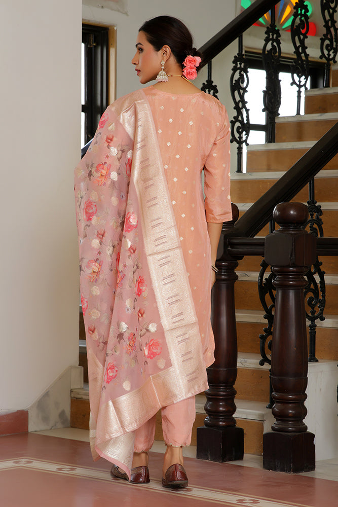 Women Tissue Brocade Embroidered Kurta with Scalloped pant & Dupatta