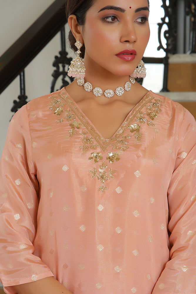 Women Tissue Brocade Embroidered Kurta with Scalloped pant & Dupatta