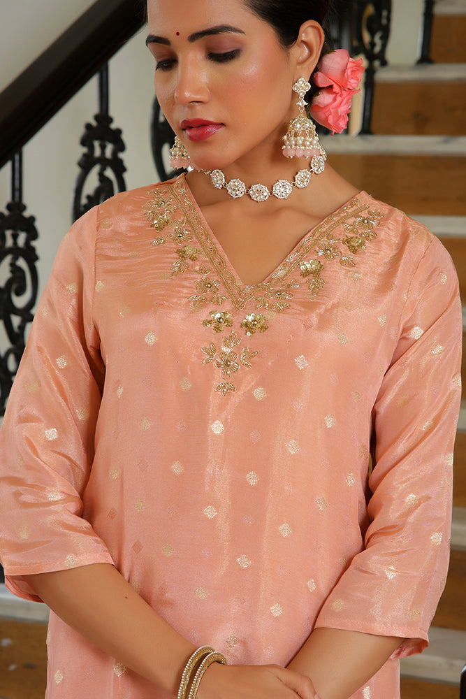 Women Tissue Brocade Embroidered Kurta with Scalloped pant & Dupatta