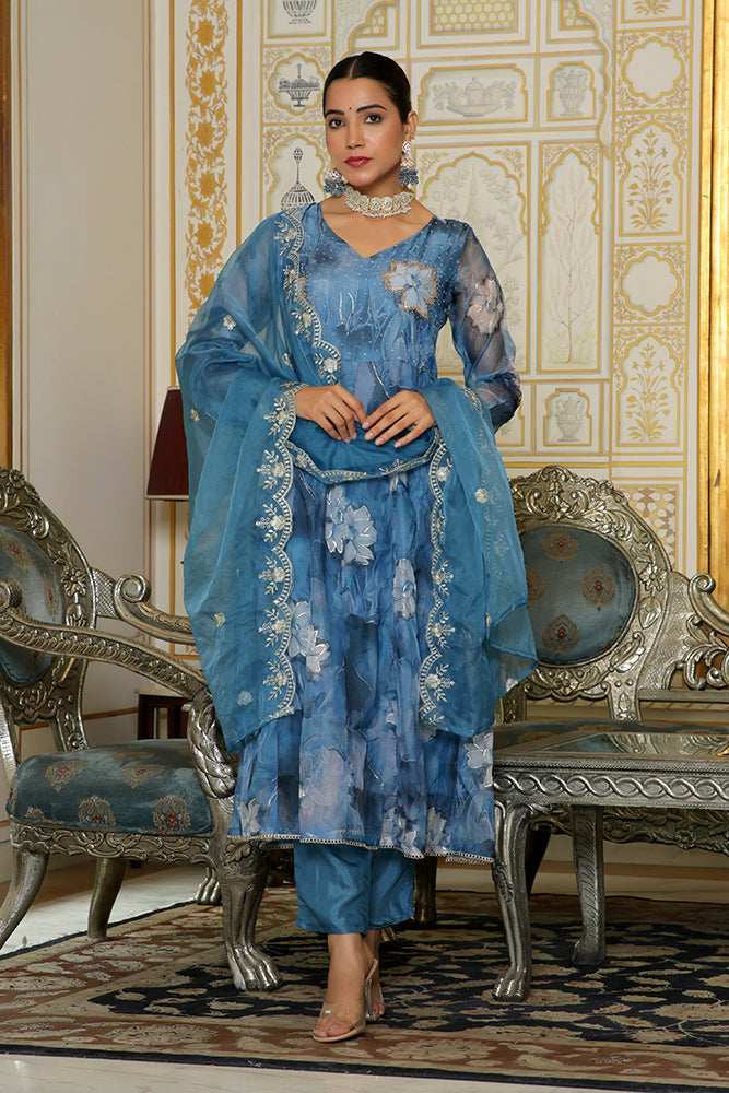 Women Embroidered Anarkali Kurta with solid pant & Dupatta