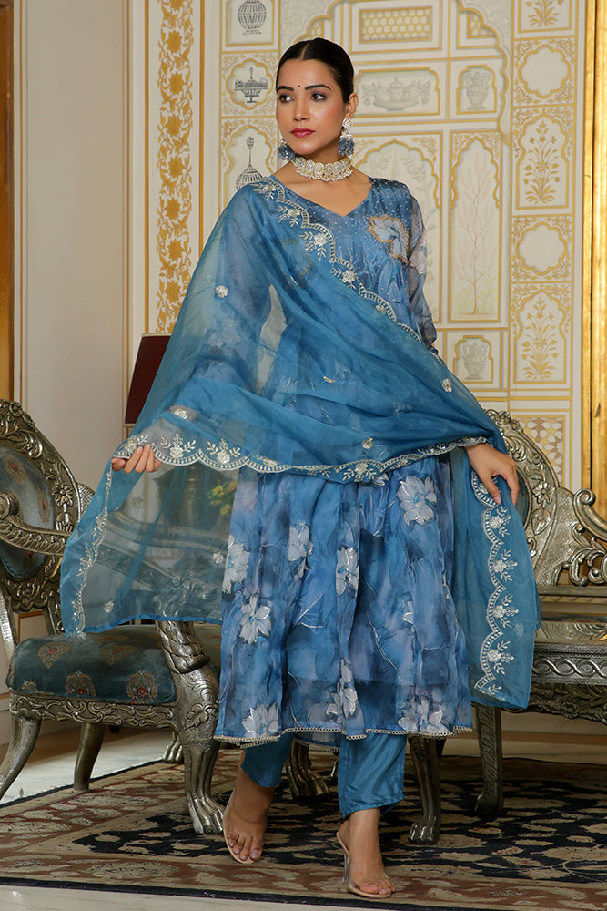 Women Embroidered Anarkali Kurta with solid pant & Dupatta