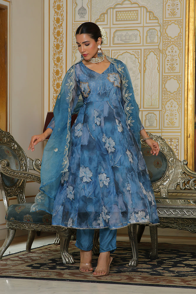 Women Embroidered Anarkali Kurta with solid pant & Dupatta