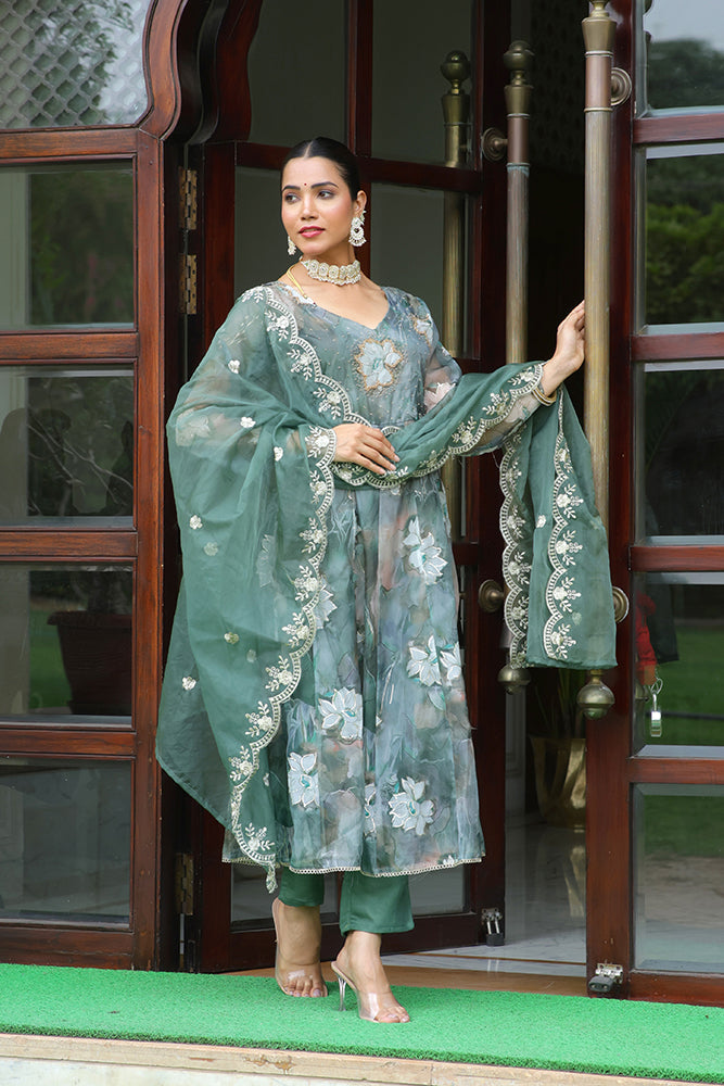 Women Embroidered Anarkali Kurta with solid pant & Dupatta