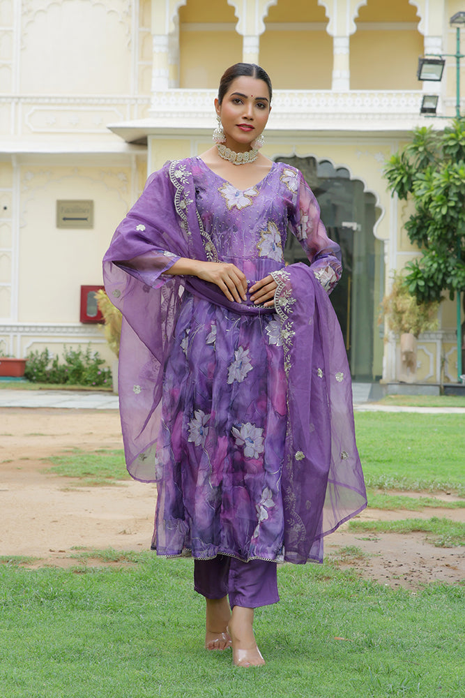 Women Embroidered Anarkali Kurta with solid pant & Dupatta