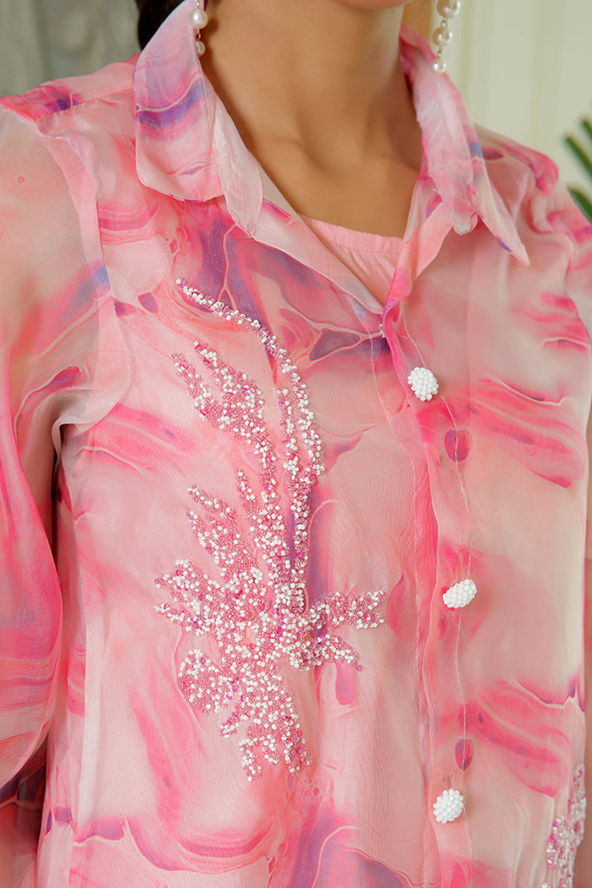 Women Marble Print Embroidered Shirt With Solid Pants