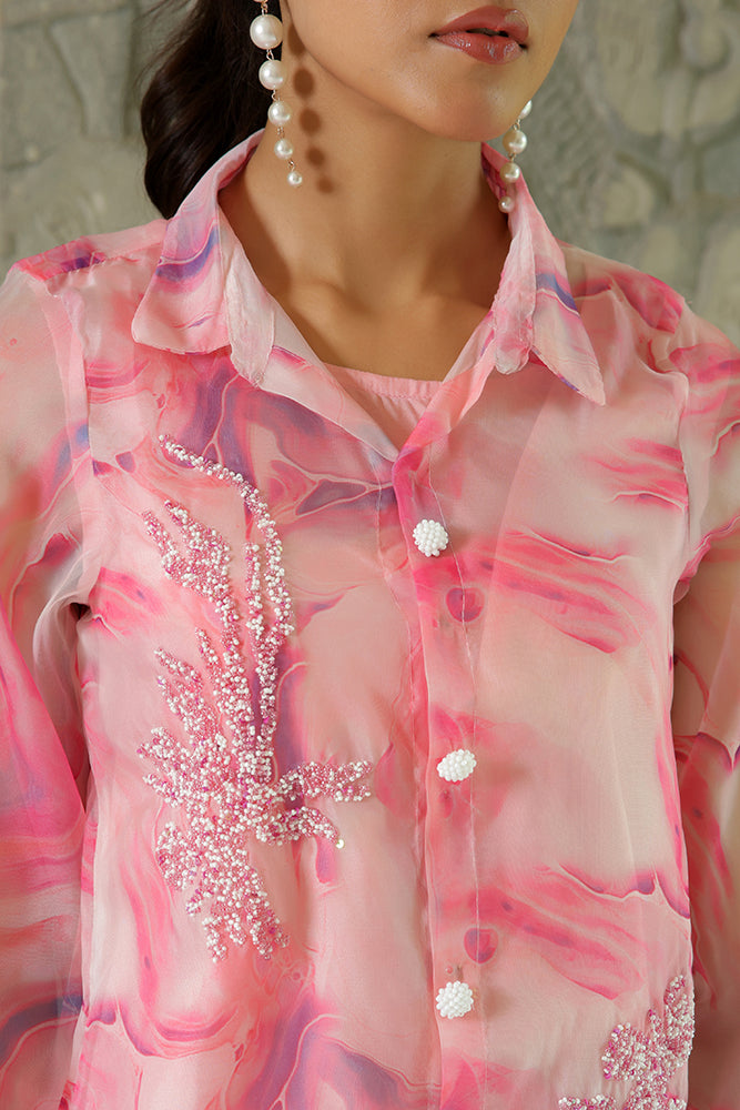 Women Marble Print Embroidered Shirt With Solid Pants