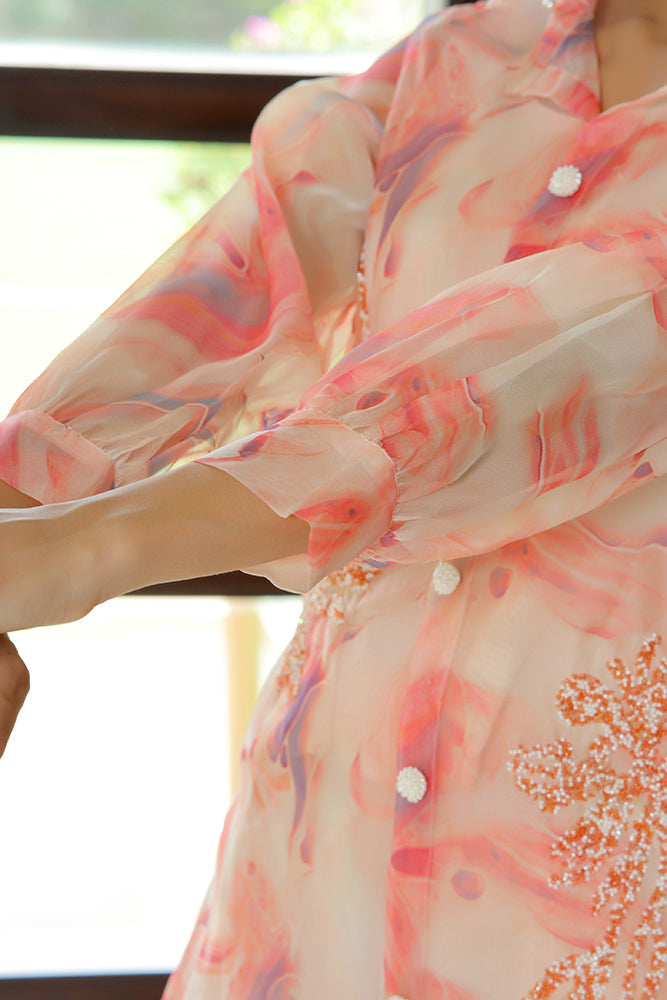 Women Marble Print Embroidered Shirt With Solid Pants